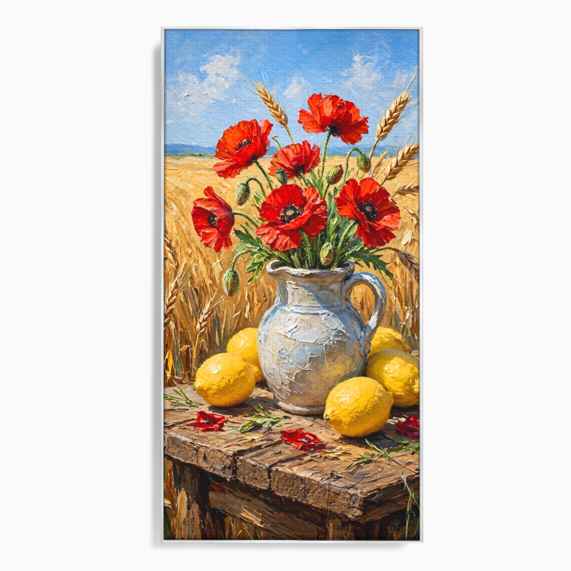 Tablou Canvas Premium LuxCanva® PI1316, Vaza Cu Maci Si Lamai, Maci, Citrice, Grau, Camp, Natura, Culori Vibrante, Living, Bucatarie
