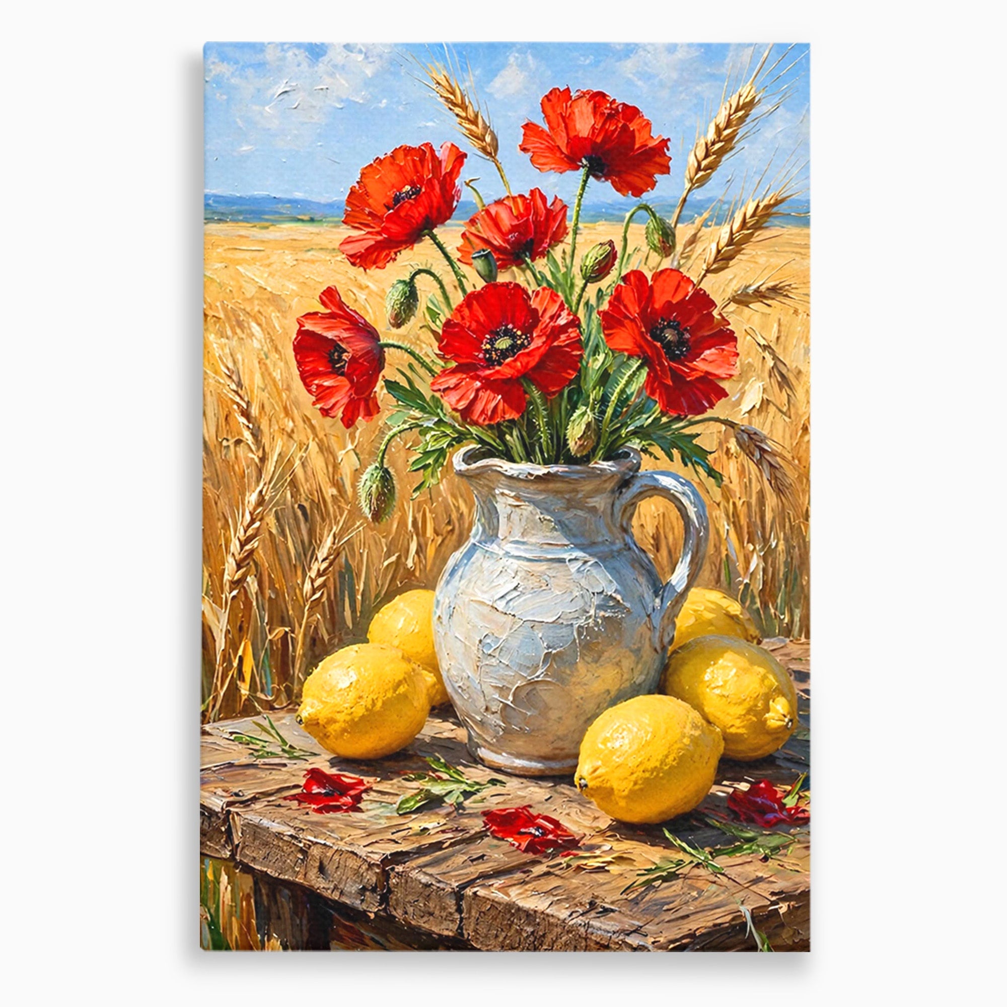 Tablou Canvas Premium LuxCanva® PI1316, Vaza Cu Maci Si Lamai, Maci, Citrice, Grau, Camp, Natura, Culori Vibrante, Living, Bucatarie