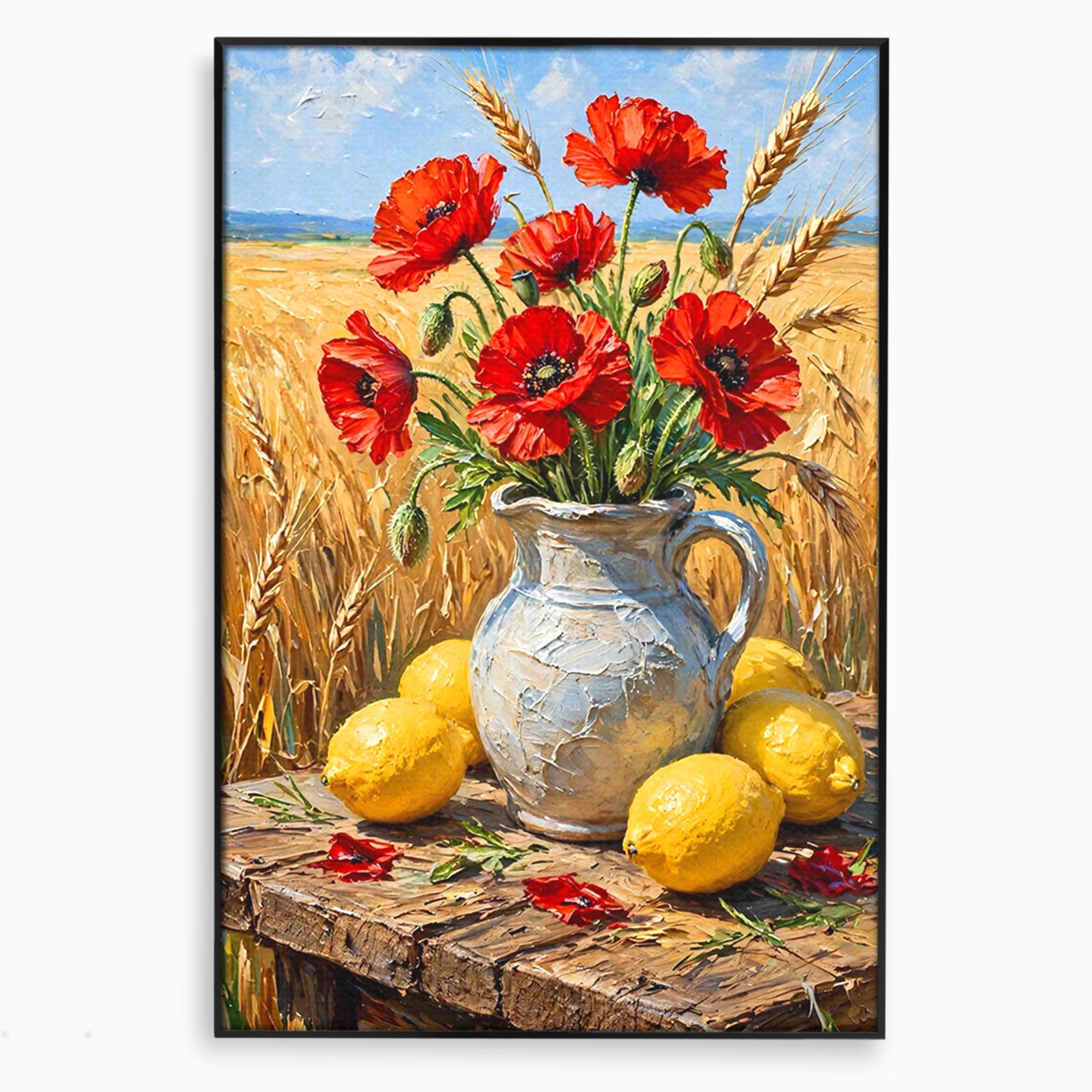 Tablou Canvas Premium LuxCanva® PI1316, Vaza Cu Maci Si Lamai, Maci, Citrice, Grau, Camp, Natura, Culori Vibrante, Living, Bucatarie
