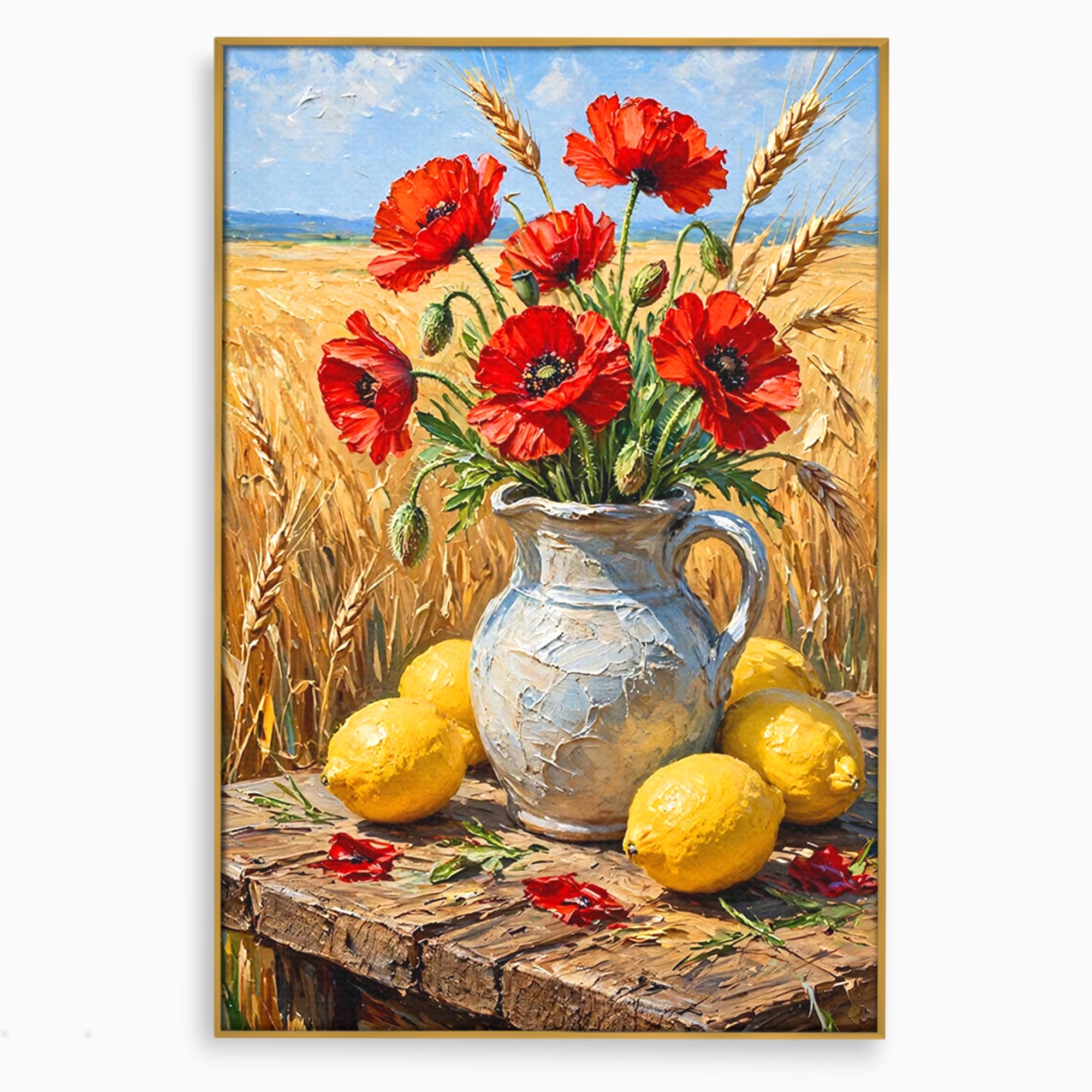 Tablou Canvas Premium LuxCanva® PI1316, Vaza Cu Maci Si Lamai, Maci, Citrice, Grau, Camp, Natura, Culori Vibrante, Living, Bucatarie