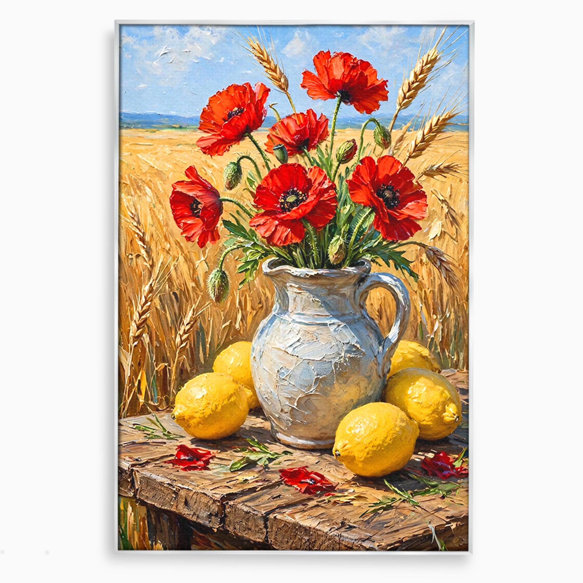 Tablou Canvas Premium LuxCanva® PI1316, Vaza Cu Maci Si Lamai, Maci, Citrice, Grau, Camp, Natura, Culori Vibrante, Living, Bucatarie