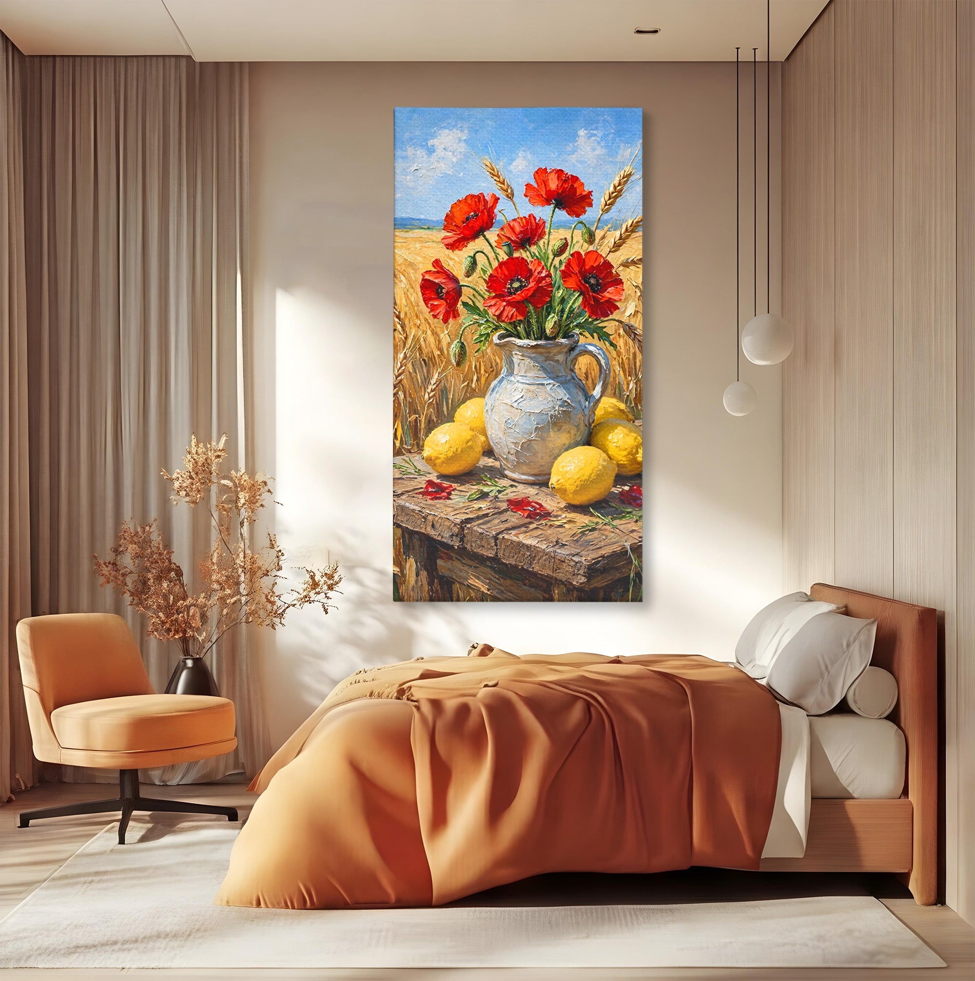 Tablou Canvas Premium LuxCanva® PI1316, Vaza Cu Maci Si Lamai, Maci, Citrice, Grau, Camp, Natura, Culori Vibrante, Living, Bucatarie