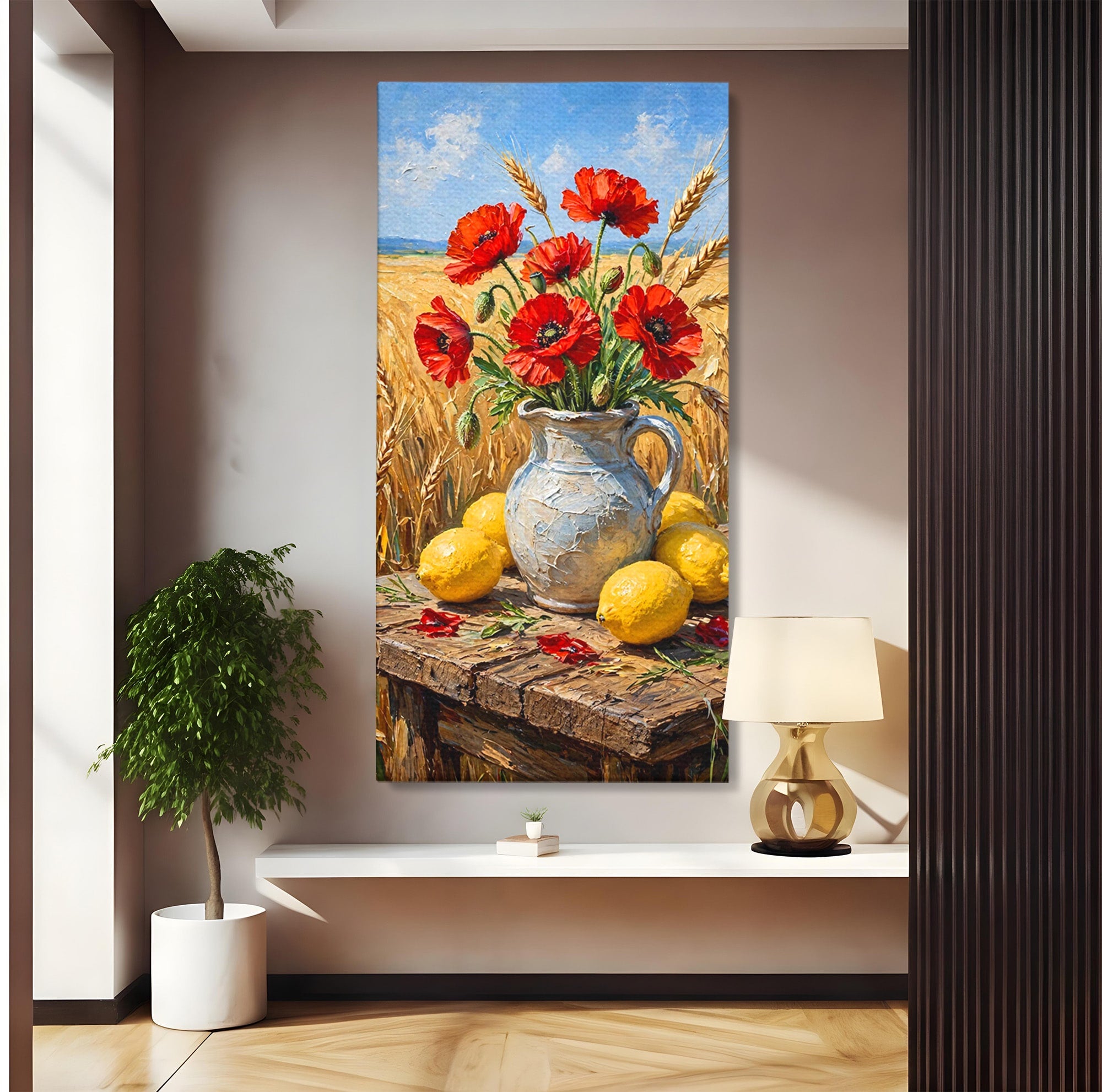 Tablou Canvas Premium LuxCanva® PI1316, Vaza Cu Maci Si Lamai, Maci, Citrice, Grau, Camp, Natura, Culori Vibrante, Living, Bucatarie