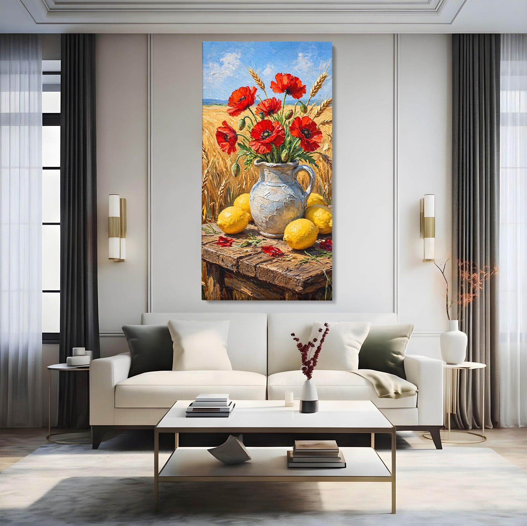 Tablou Canvas Premium LuxCanva® PI1316, Vaza Cu Maci Si Lamai, Maci, Citrice, Grau, Camp, Natura, Culori Vibrante, Living, Bucatarie