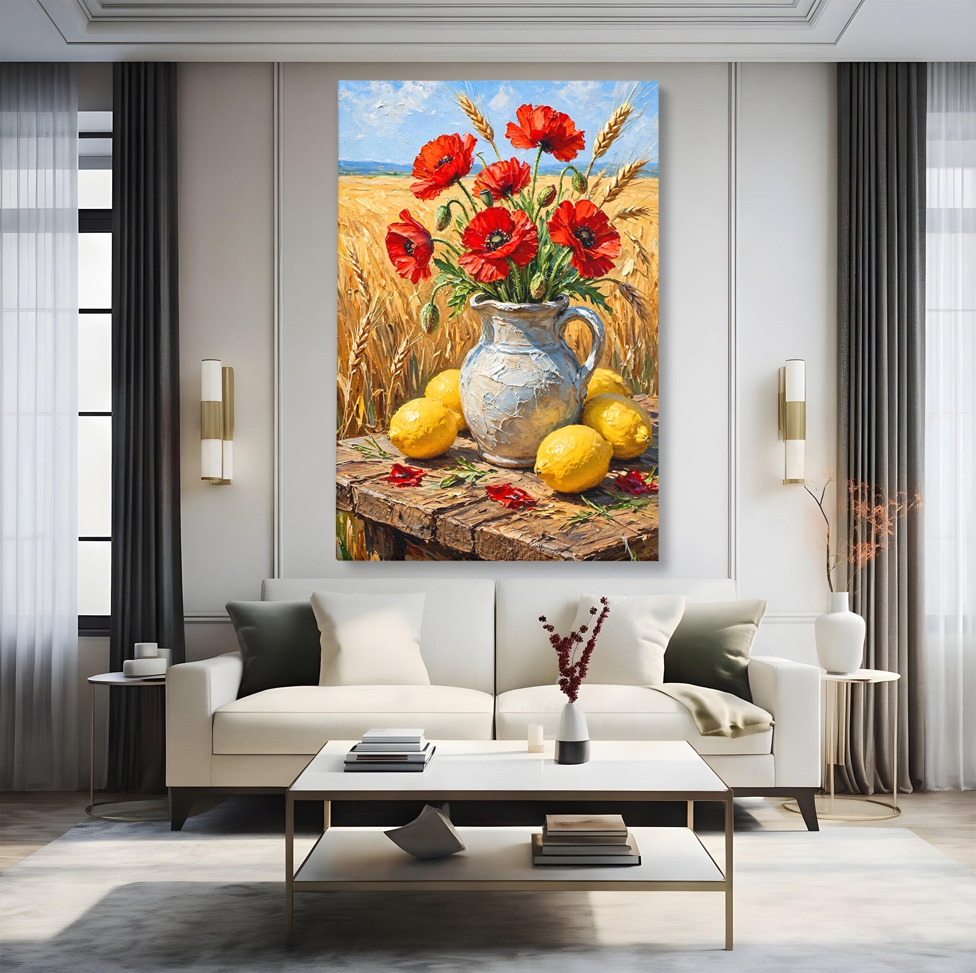 Tablou Canvas Premium LuxCanva® PI1316, Vaza Cu Maci Si Lamai, Maci, Citrice, Grau, Camp, Natura, Culori Vibrante, Living, Bucatarie