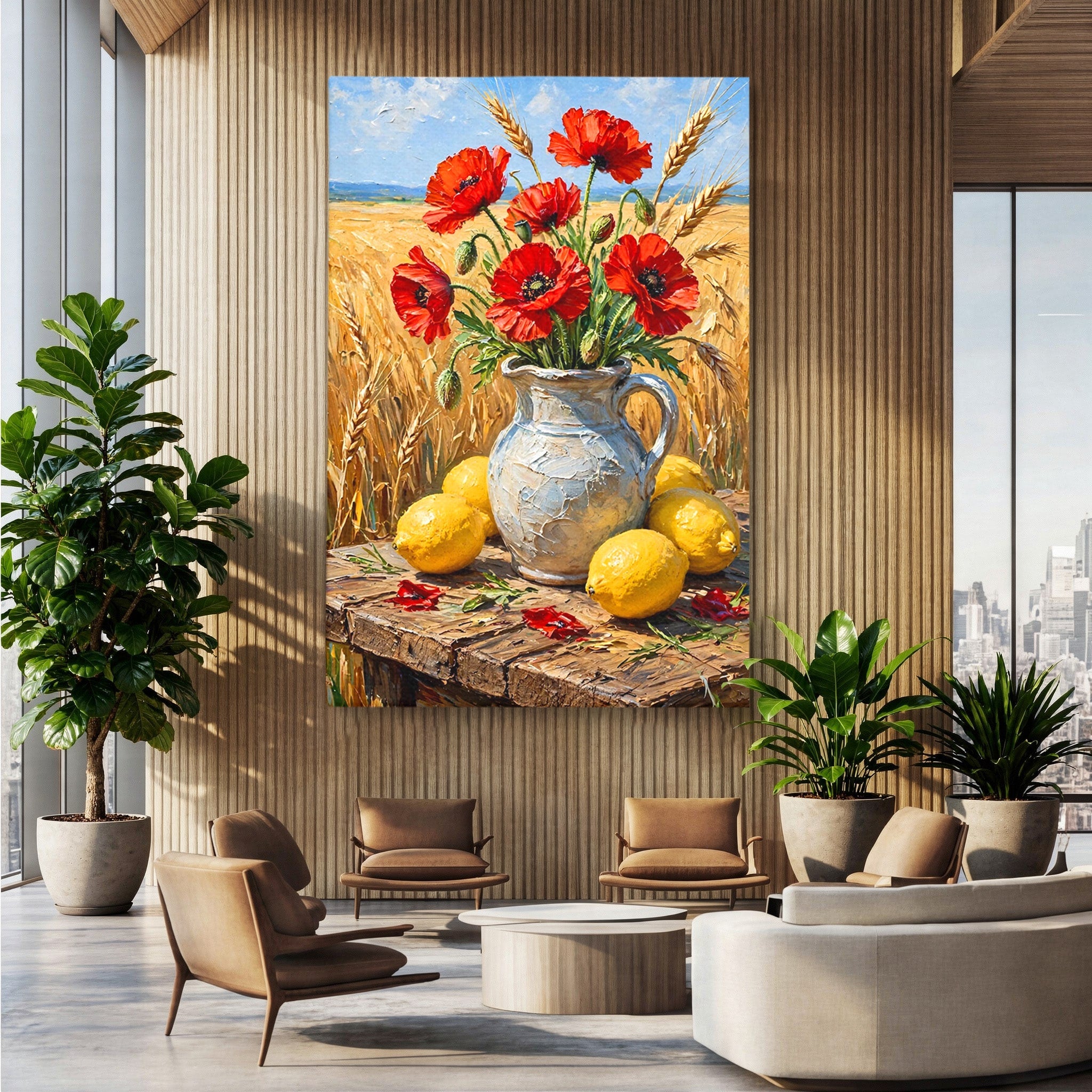 Tablou Canvas Premium LuxCanva® PI1316, Vaza Cu Maci Si Lamai, Maci, Citrice, Grau, Camp, Natura, Culori Vibrante, Living, Bucatarie
