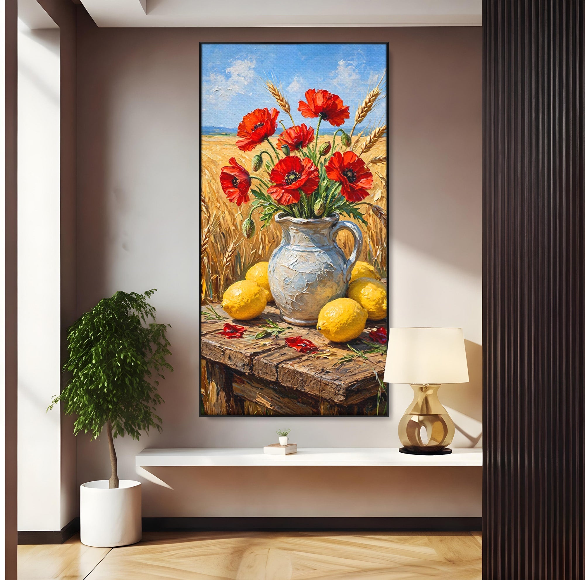 Tablou Canvas Premium LuxCanva® PI1316, Vaza Cu Maci Si Lamai, Maci, Citrice, Grau, Camp, Natura, Culori Vibrante, Living, Bucatarie