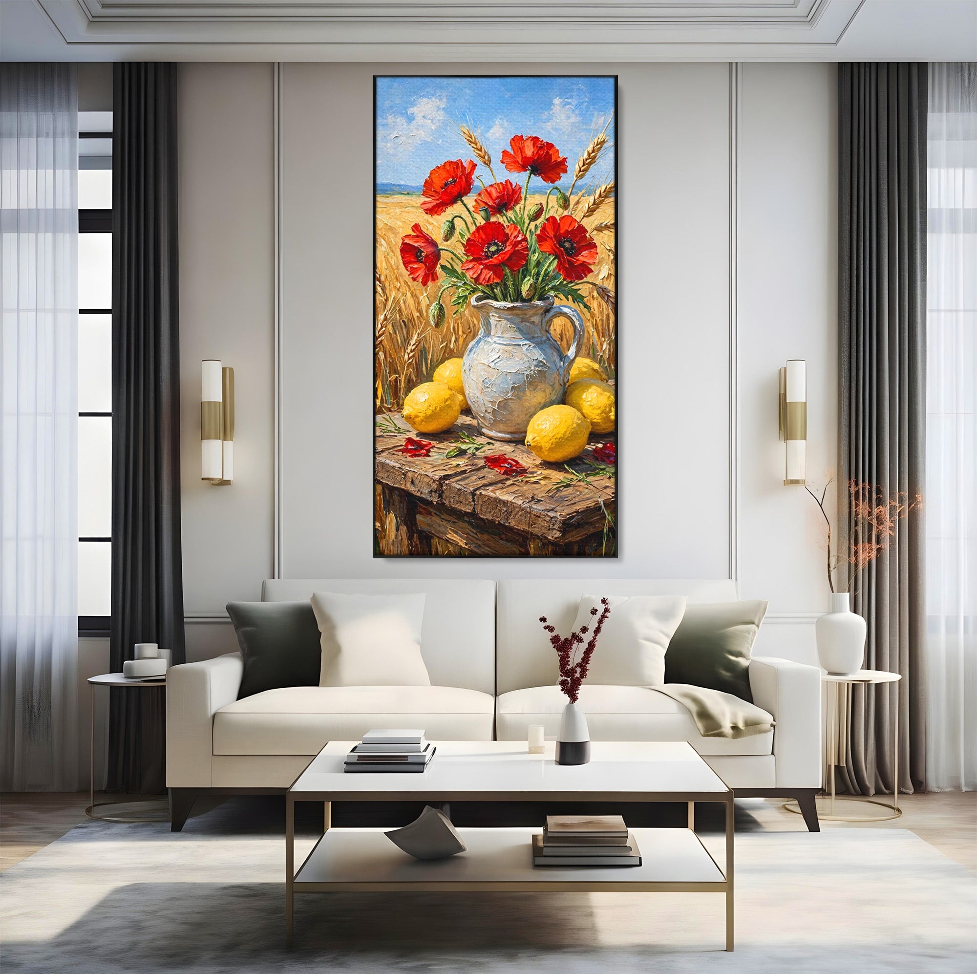 Tablou Canvas Premium LuxCanva® PI1316, Vaza Cu Maci Si Lamai, Maci, Citrice, Grau, Camp, Natura, Culori Vibrante, Living, Bucatarie