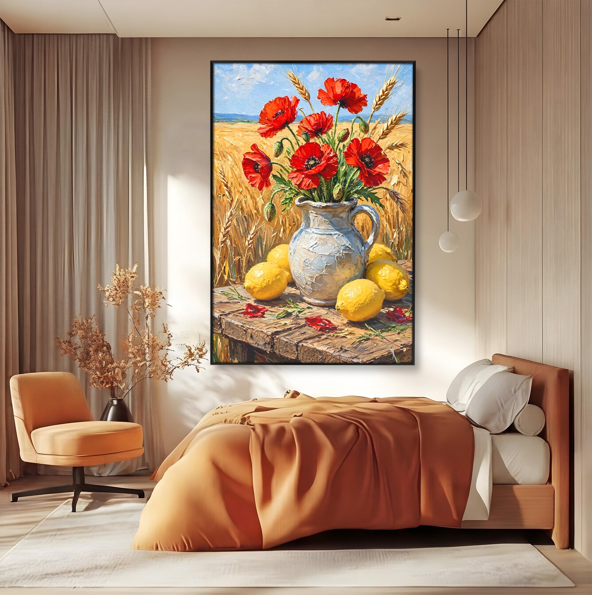 Tablou Canvas Premium LuxCanva® PI1316, Vaza Cu Maci Si Lamai, Maci, Citrice, Grau, Camp, Natura, Culori Vibrante, Living, Bucatarie
