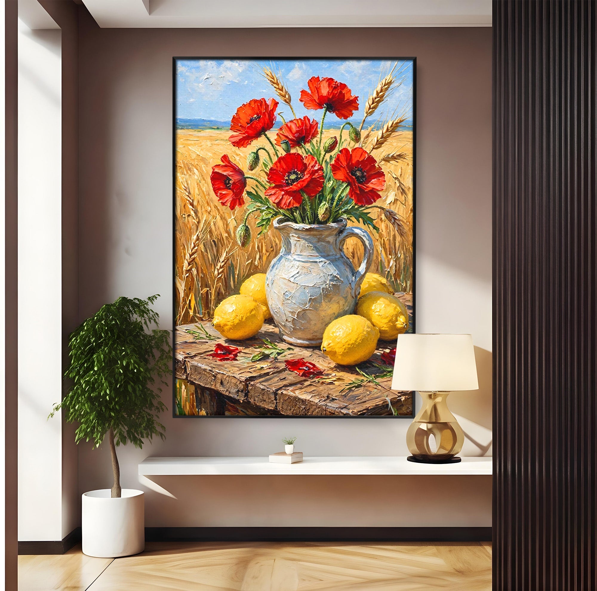 Tablou Canvas Premium LuxCanva® PI1316, Vaza Cu Maci Si Lamai, Maci, Citrice, Grau, Camp, Natura, Culori Vibrante, Living, Bucatarie