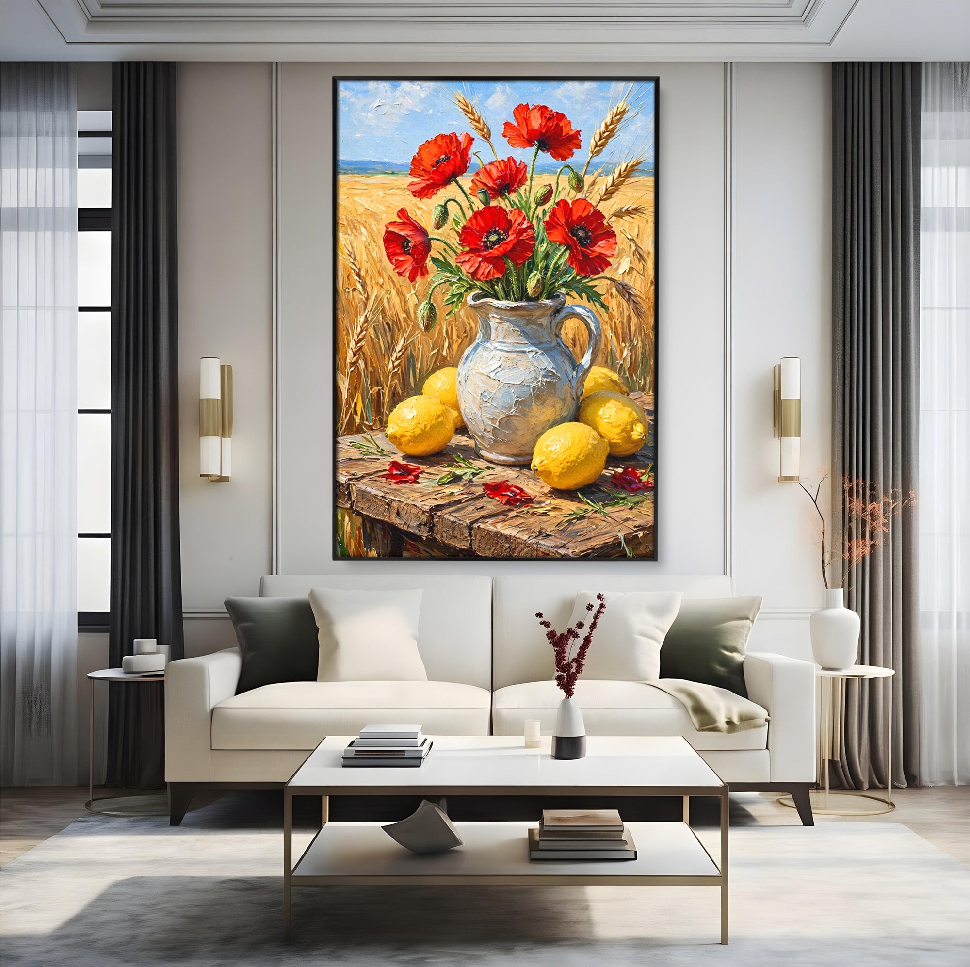 Tablou Canvas Premium LuxCanva® PI1316, Vaza Cu Maci Si Lamai, Maci, Citrice, Grau, Camp, Natura, Culori Vibrante, Living, Bucatarie
