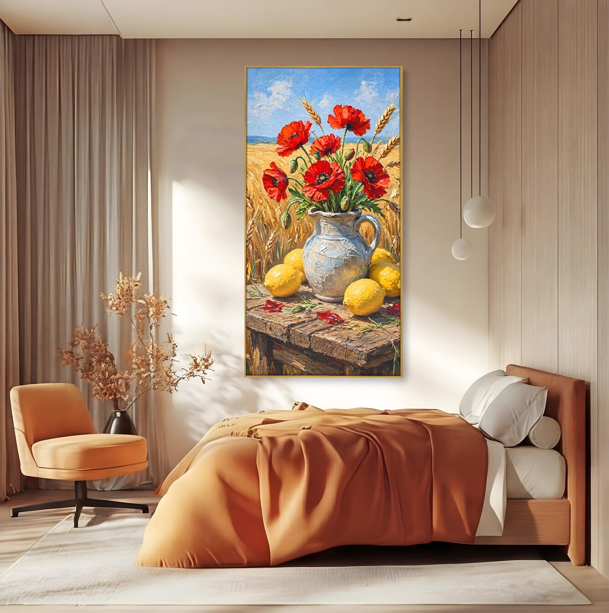 Tablou Canvas Premium LuxCanva® PI1316, Vaza Cu Maci Si Lamai, Maci, Citrice, Grau, Camp, Natura, Culori Vibrante, Living, Bucatarie