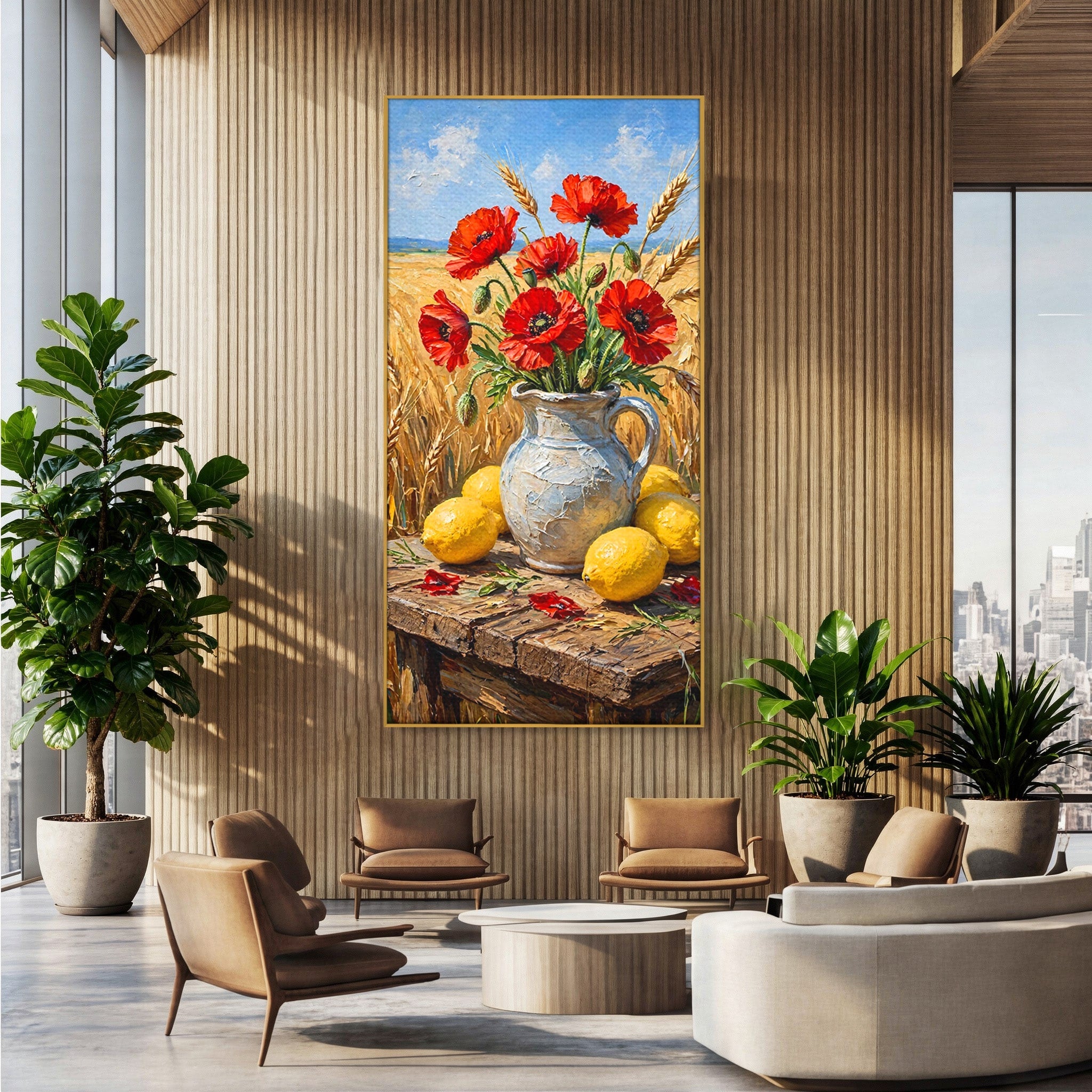 Tablou Canvas Premium LuxCanva® PI1316, Vaza Cu Maci Si Lamai, Maci, Citrice, Grau, Camp, Natura, Culori Vibrante, Living, Bucatarie