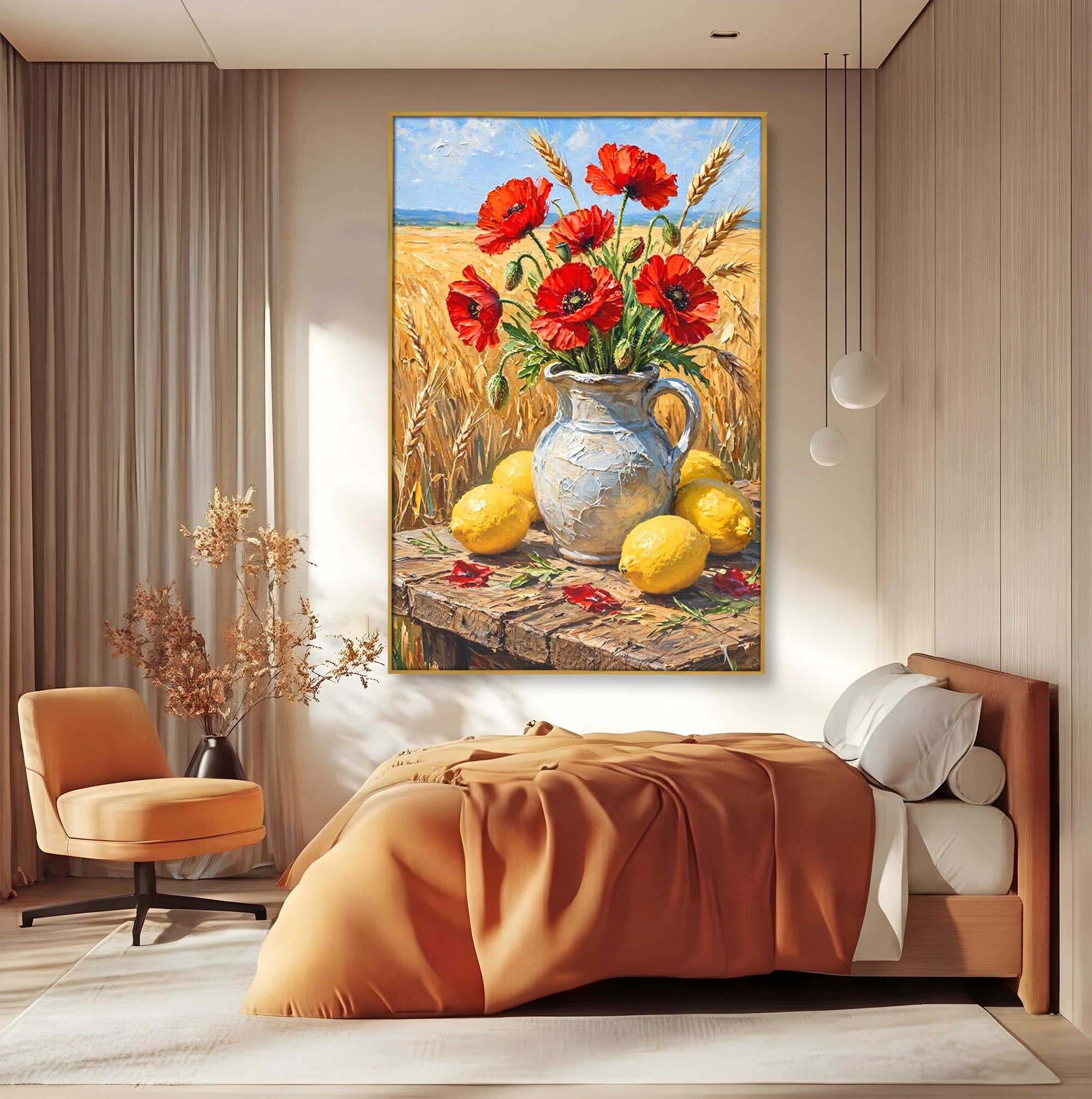 Tablou Canvas Premium LuxCanva® PI1316, Vaza Cu Maci Si Lamai, Maci, Citrice, Grau, Camp, Natura, Culori Vibrante, Living, Bucatarie