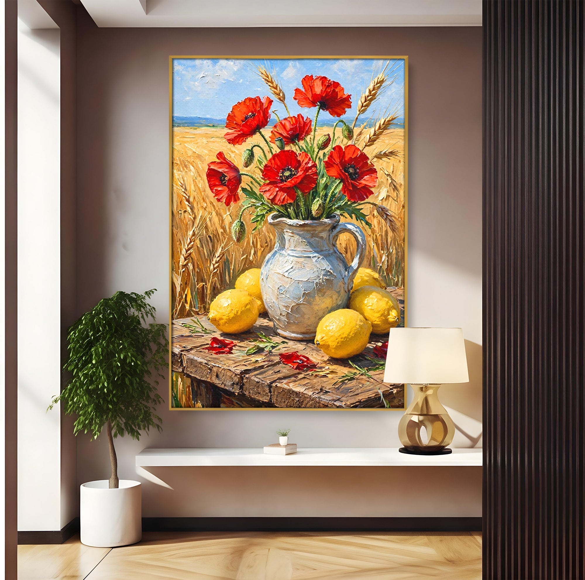 Tablou Canvas Premium LuxCanva® PI1316, Vaza Cu Maci Si Lamai, Maci, Citrice, Grau, Camp, Natura, Culori Vibrante, Living, Bucatarie