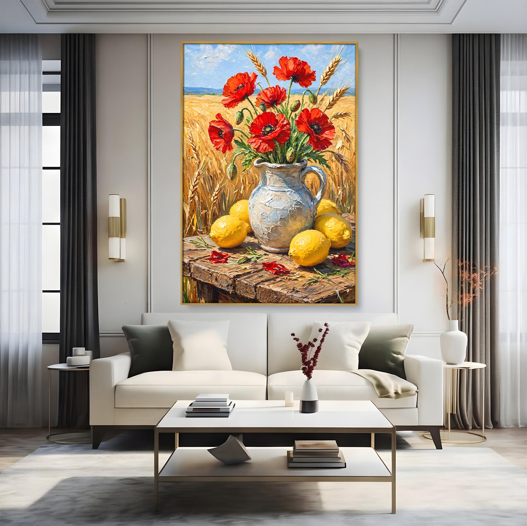 Tablou Canvas Premium LuxCanva® PI1316, Vaza Cu Maci Si Lamai, Maci, Citrice, Grau, Camp, Natura, Culori Vibrante, Living, Bucatarie