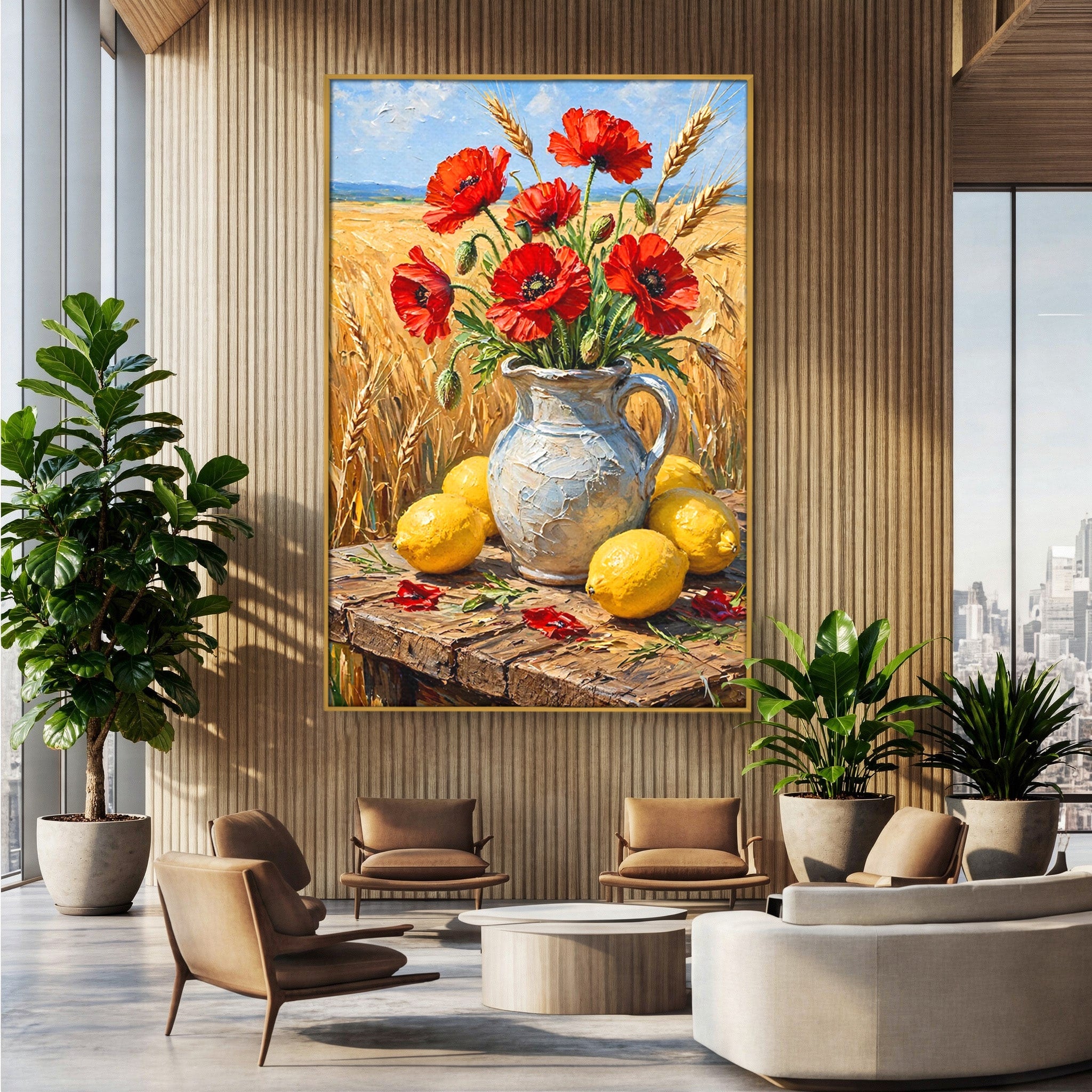 Tablou Canvas Premium LuxCanva® PI1316, Vaza Cu Maci Si Lamai, Maci, Citrice, Grau, Camp, Natura, Culori Vibrante, Living, Bucatarie