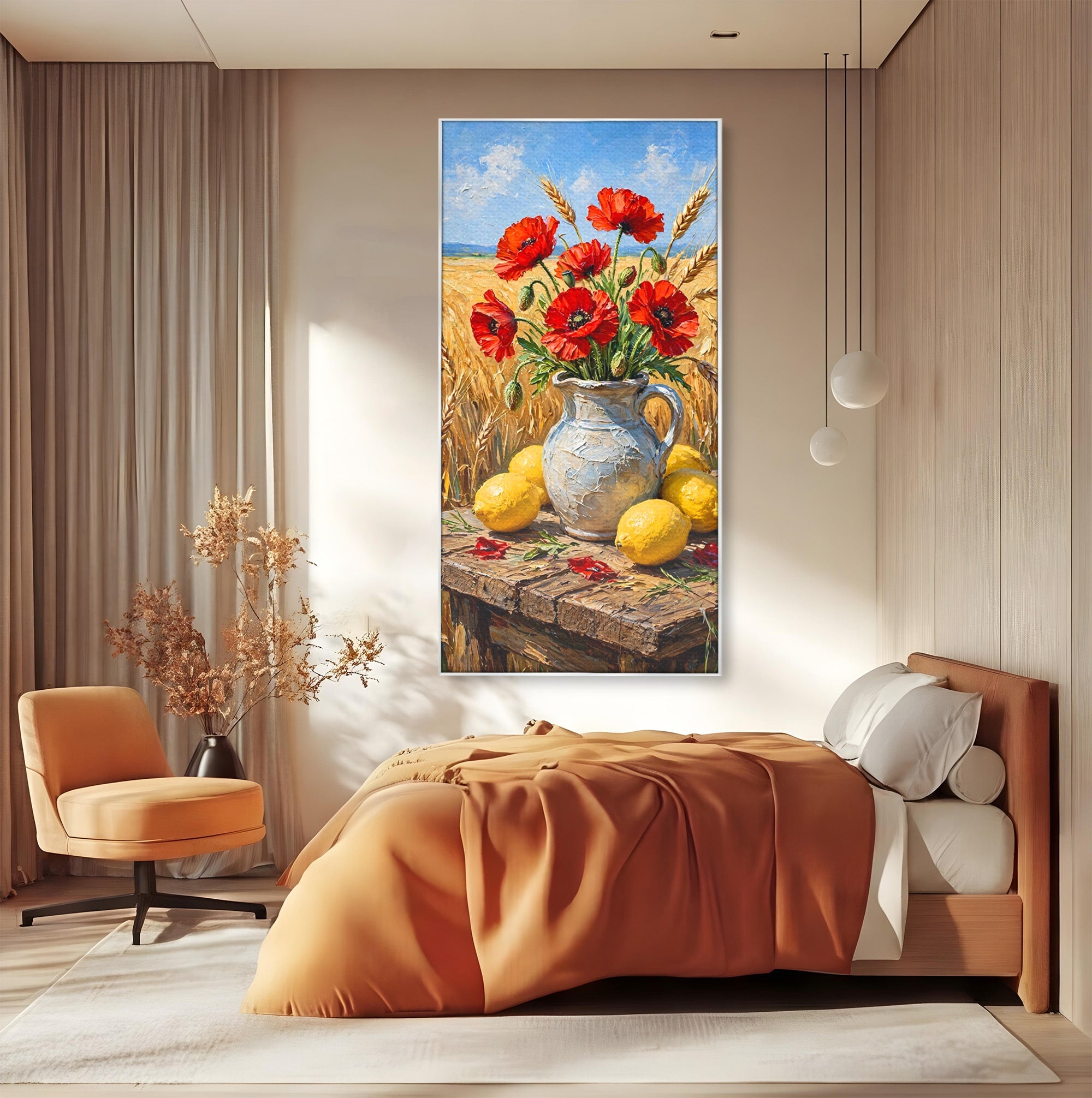 Tablou Canvas Premium LuxCanva® PI1316, Vaza Cu Maci Si Lamai, Maci, Citrice, Grau, Camp, Natura, Culori Vibrante, Living, Bucatarie