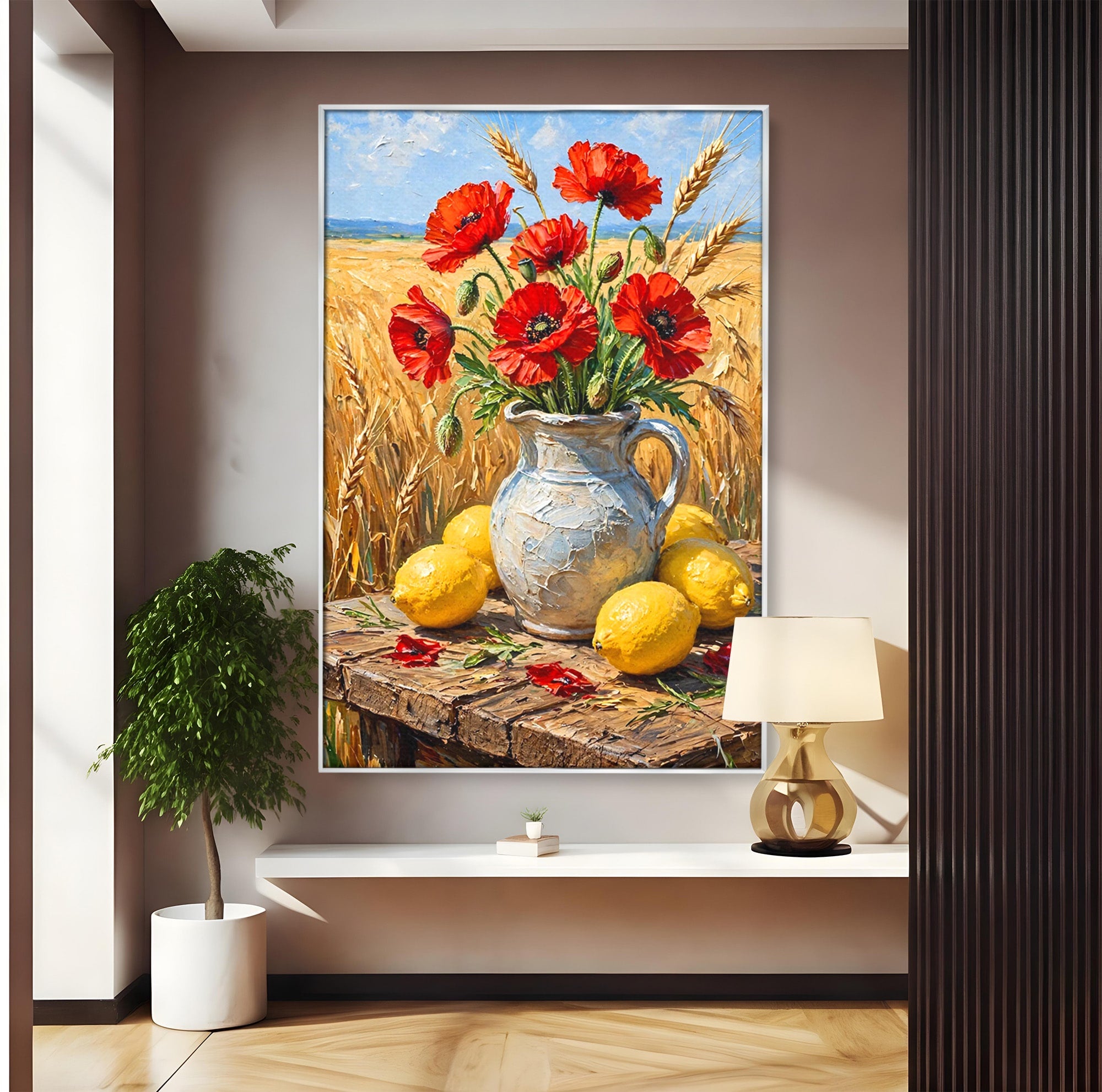 Tablou Canvas Premium LuxCanva® PI1316, Vaza Cu Maci Si Lamai, Maci, Citrice, Grau, Camp, Natura, Culori Vibrante, Living, Bucatarie