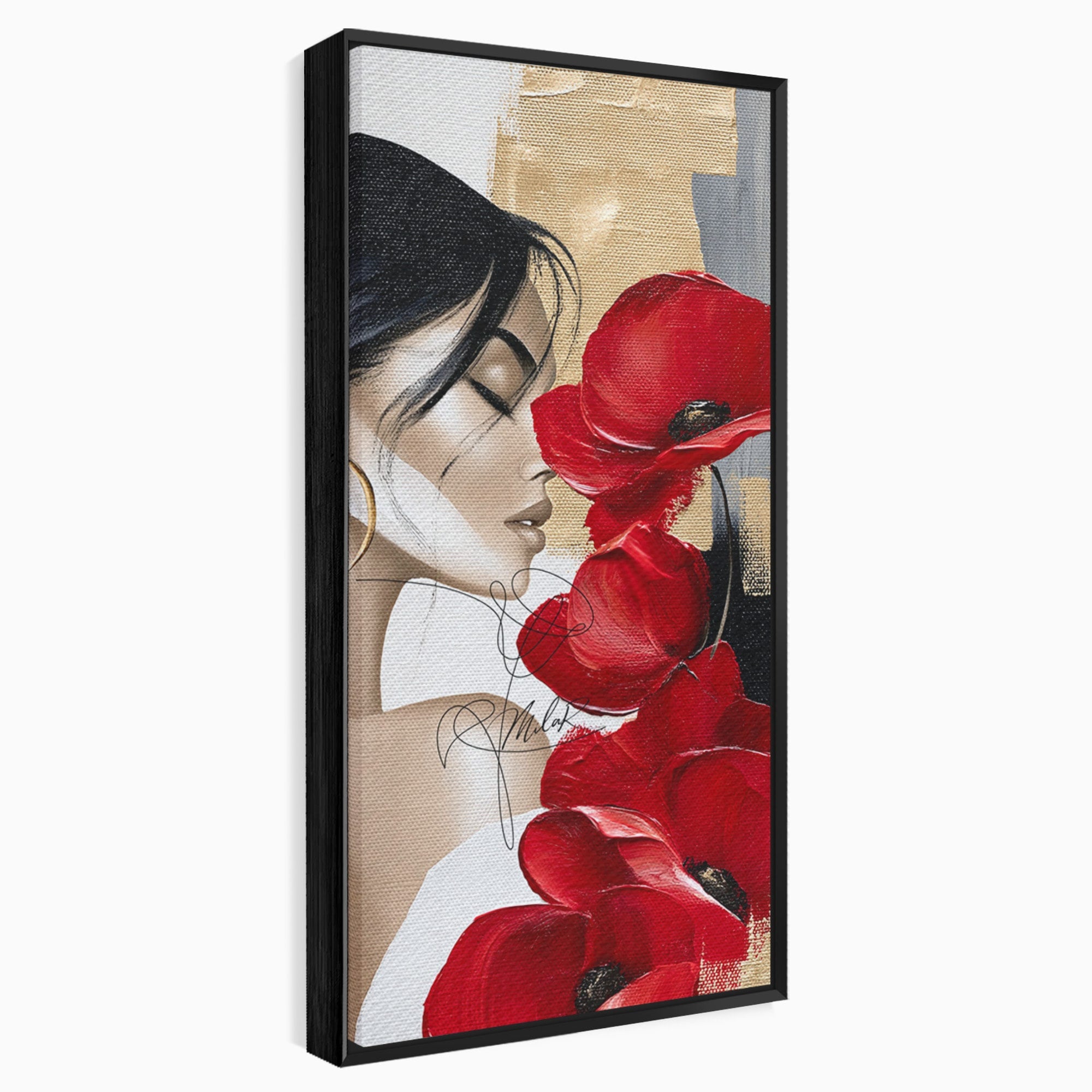 Tablou Canvas Premium LuxCanva® PI1317, Femeie Cu Maci, Podium, Flori, Portret, Eleganta, Culori Vibrante, Living, Dormitor