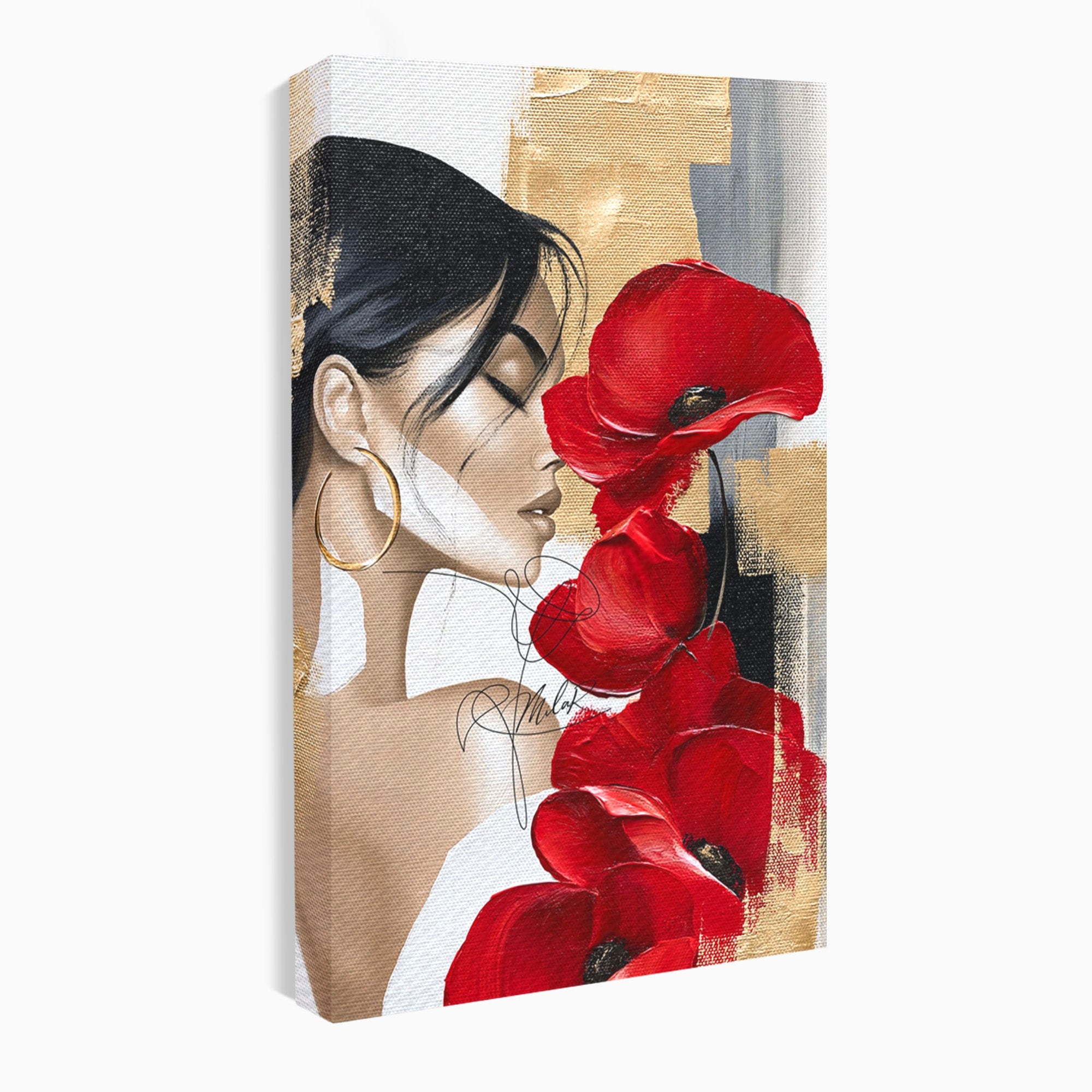Tablou Canvas Premium LuxCanva® PI1317, Femeie Cu Maci, Podium, Flori, Portret, Eleganta, Culori Vibrante, Living, Dormitor