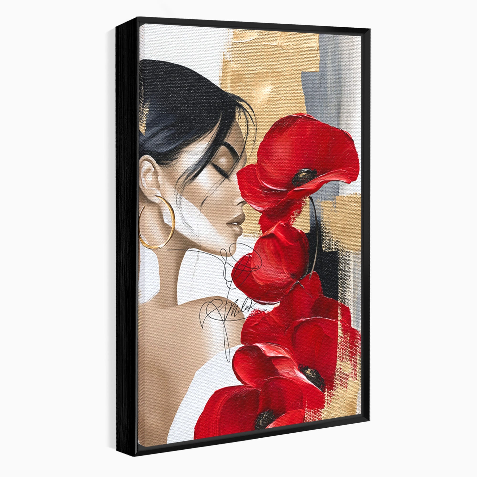 Tablou Canvas Premium LuxCanva® PI1317, Femeie Cu Maci, Podium, Flori, Portret, Eleganta, Culori Vibrante, Living, Dormitor