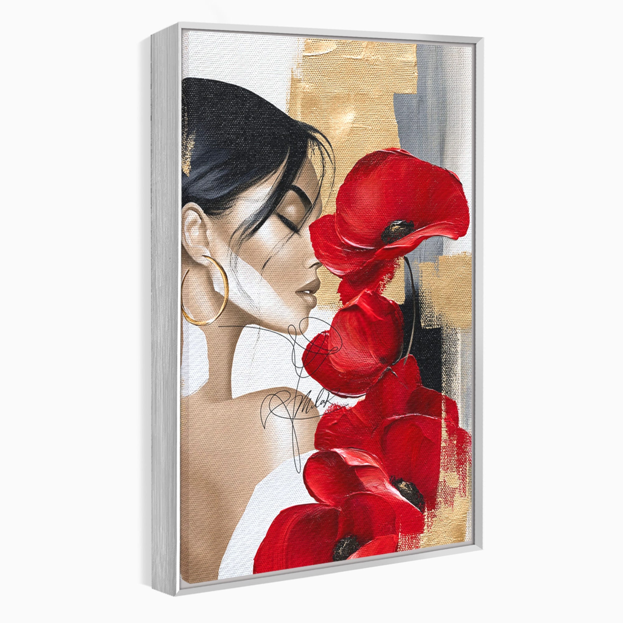 Tablou Canvas Premium LuxCanva® PI1317, Femeie Cu Maci, Podium, Flori, Portret, Eleganta, Culori Vibrante, Living, Dormitor