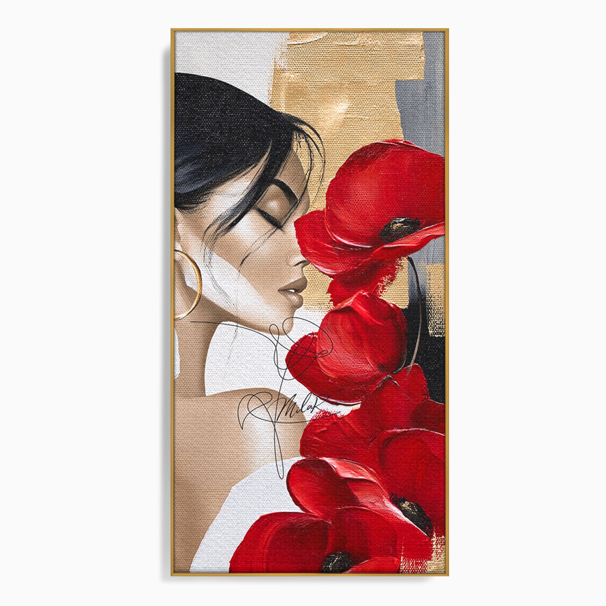 Tablou Canvas Premium LuxCanva® PI1317, Femeie Cu Maci, Podium, Flori, Portret, Eleganta, Culori Vibrante, Living, Dormitor