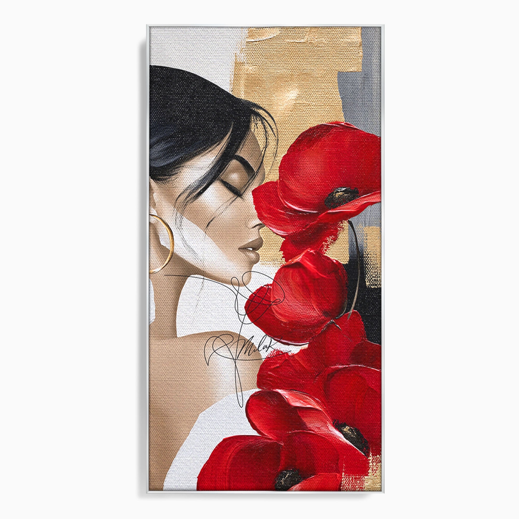 Tablou Canvas Premium LuxCanva® PI1317, Femeie Cu Maci, Podium, Flori, Portret, Eleganta, Culori Vibrante, Living, Dormitor