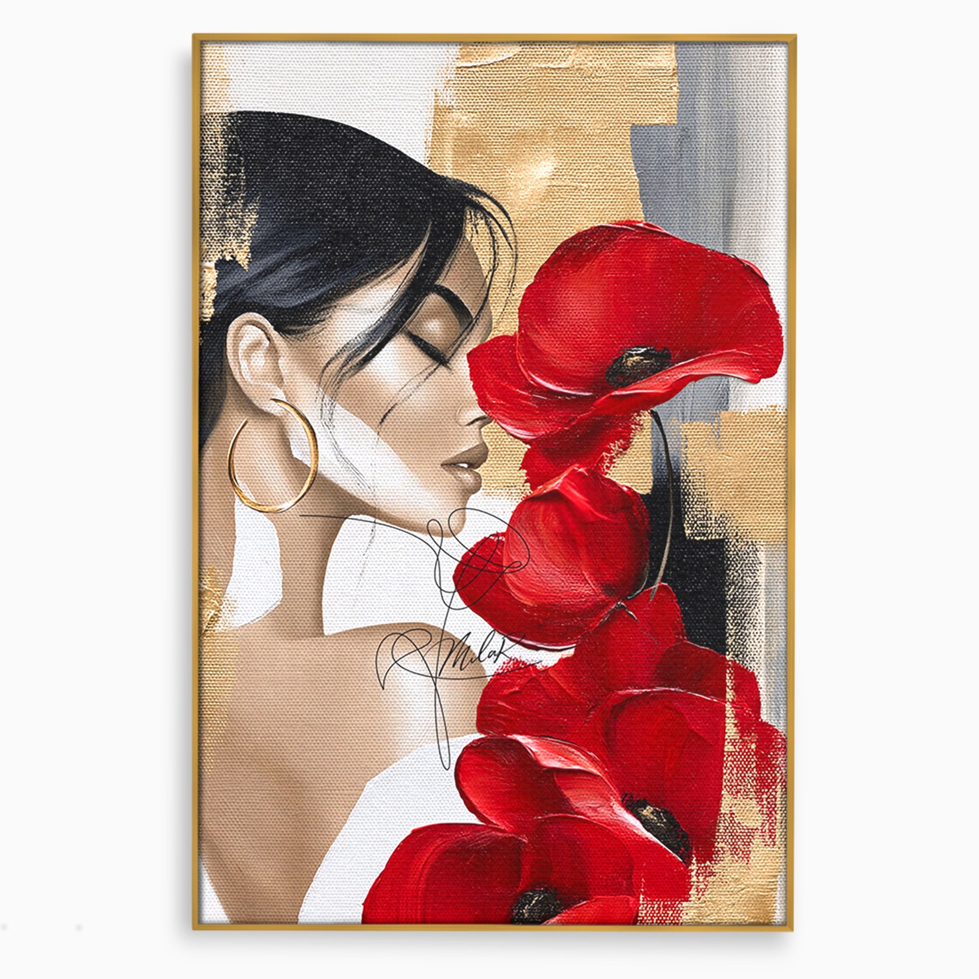 Tablou Canvas Premium LuxCanva® PI1317, Femeie Cu Maci, Podium, Flori, Portret, Eleganta, Culori Vibrante, Living, Dormitor