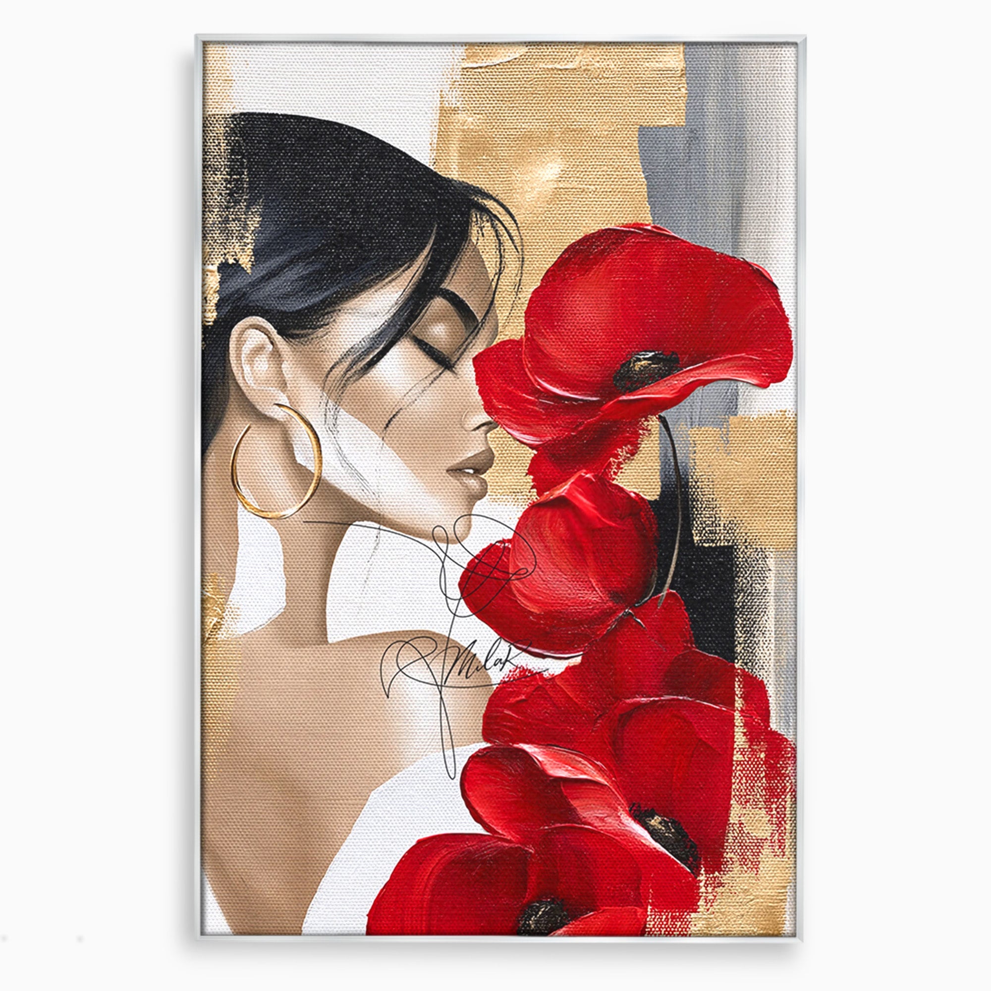 Tablou Canvas Premium LuxCanva® PI1317, Femeie Cu Maci, Podium, Flori, Portret, Eleganta, Culori Vibrante, Living, Dormitor