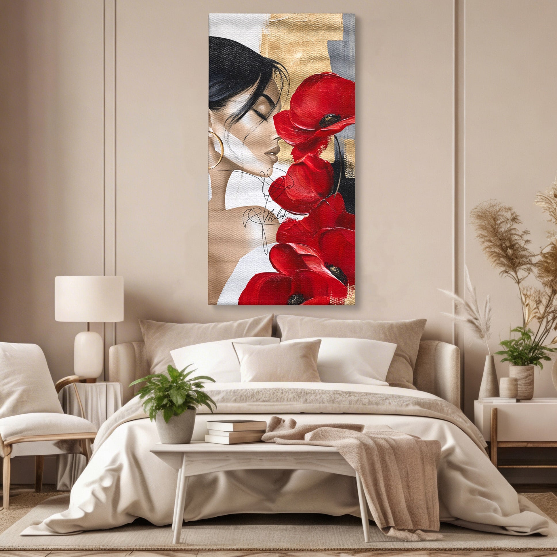 Tablou Canvas Premium LuxCanva® PI1317, Femeie Cu Maci, Podium, Flori, Portret, Eleganta, Culori Vibrante, Living, Dormitor