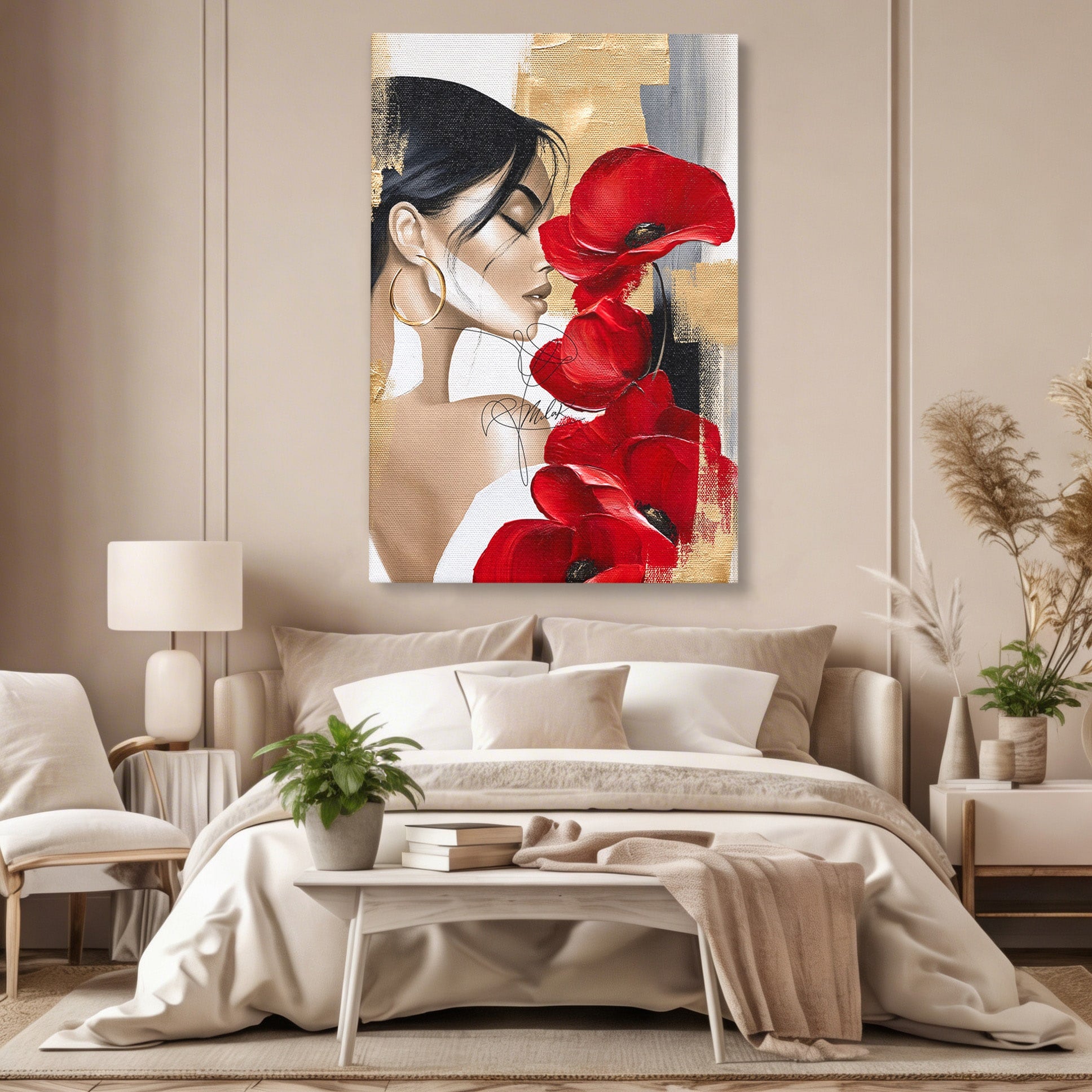 Tablou Canvas Premium LuxCanva® PI1317, Femeie Cu Maci, Podium, Flori, Portret, Eleganta, Culori Vibrante, Living, Dormitor