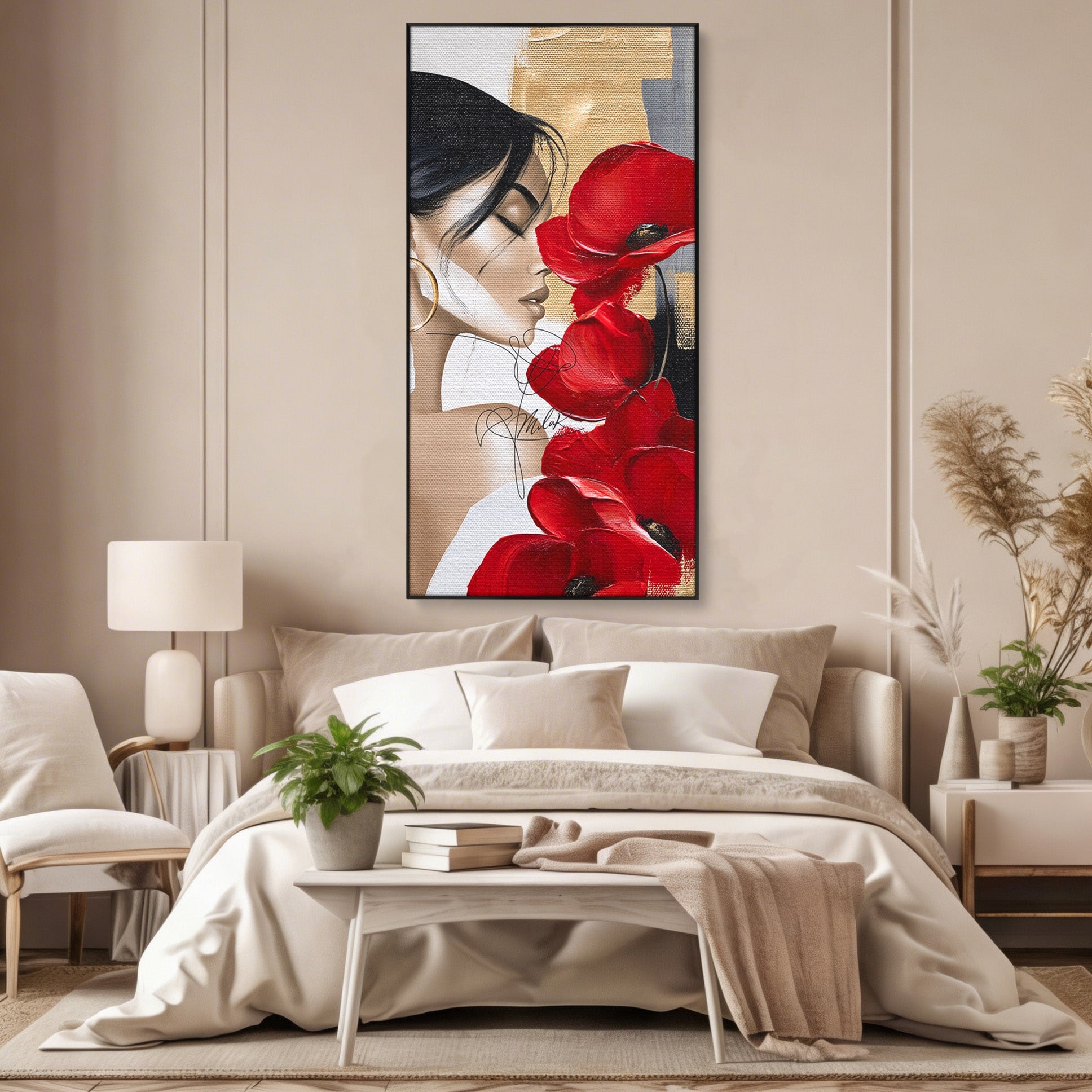 Tablou Canvas Premium LuxCanva® PI1317, Femeie Cu Maci, Podium, Flori, Portret, Eleganta, Culori Vibrante, Living, Dormitor