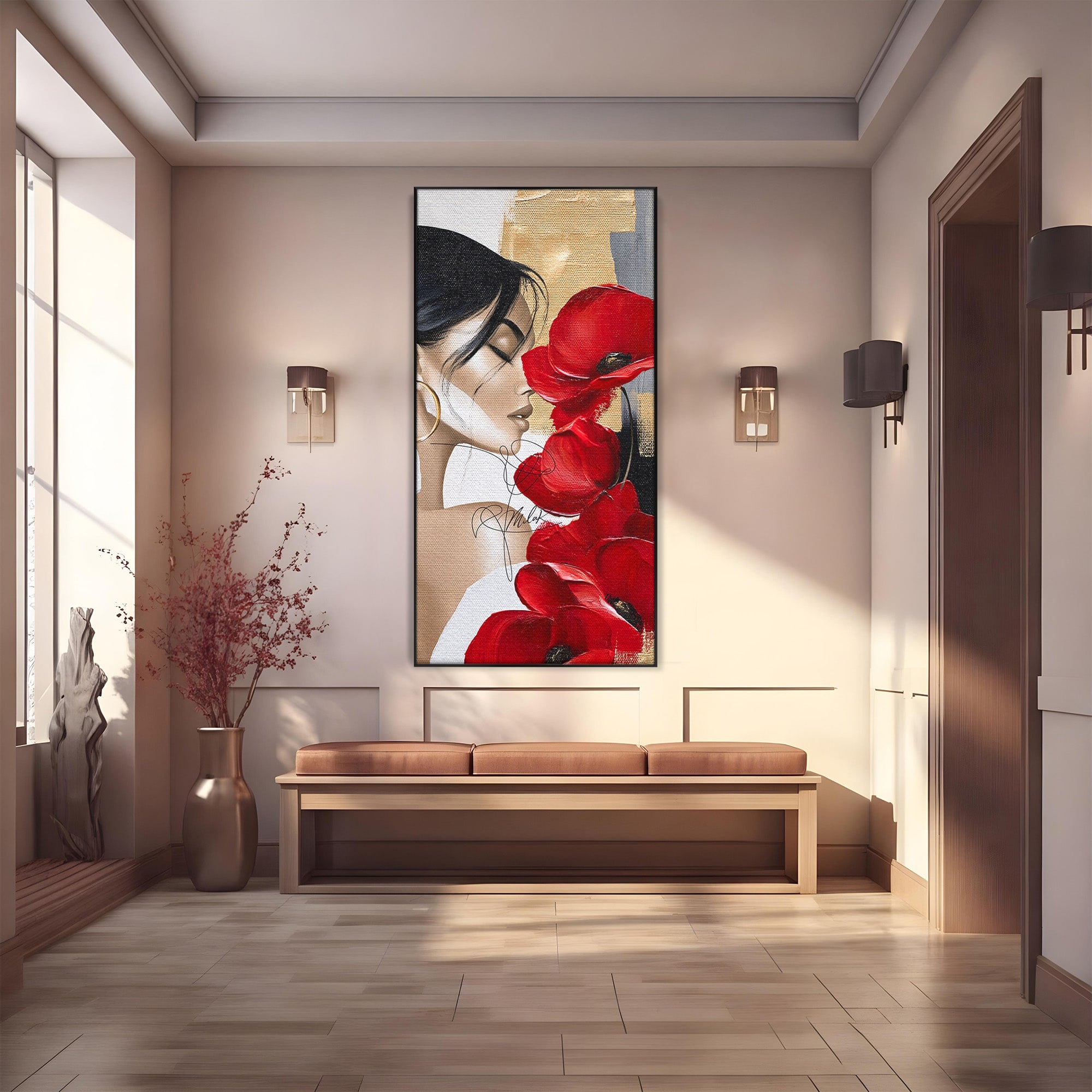 Tablou Canvas Premium LuxCanva® PI1317, Femeie Cu Maci, Podium, Flori, Portret, Eleganta, Culori Vibrante, Living, Dormitor