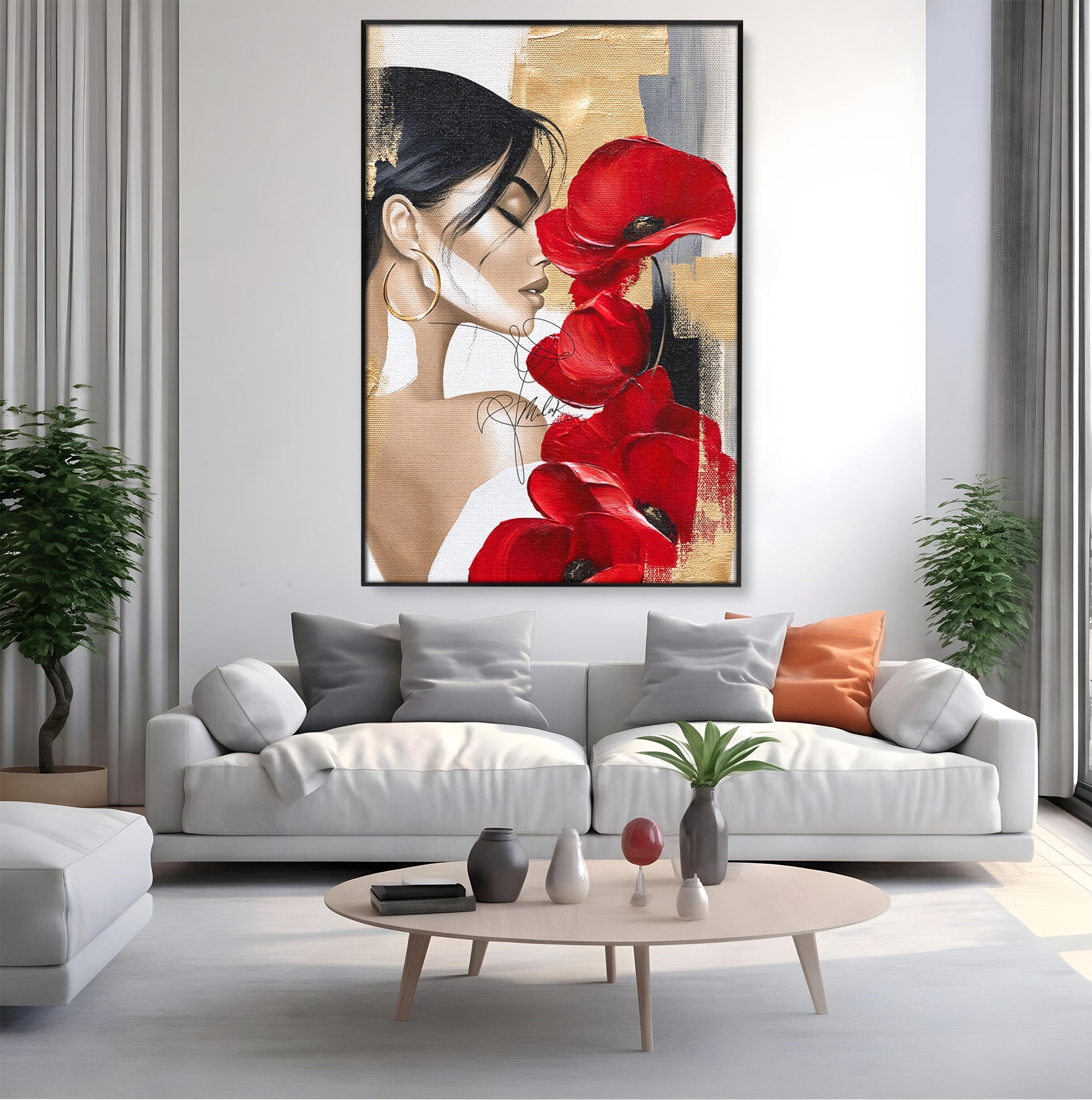 Tablou Canvas Premium LuxCanva® PI1317, Femeie Cu Maci, Podium, Flori, Portret, Eleganta, Culori Vibrante, Living, Dormitor