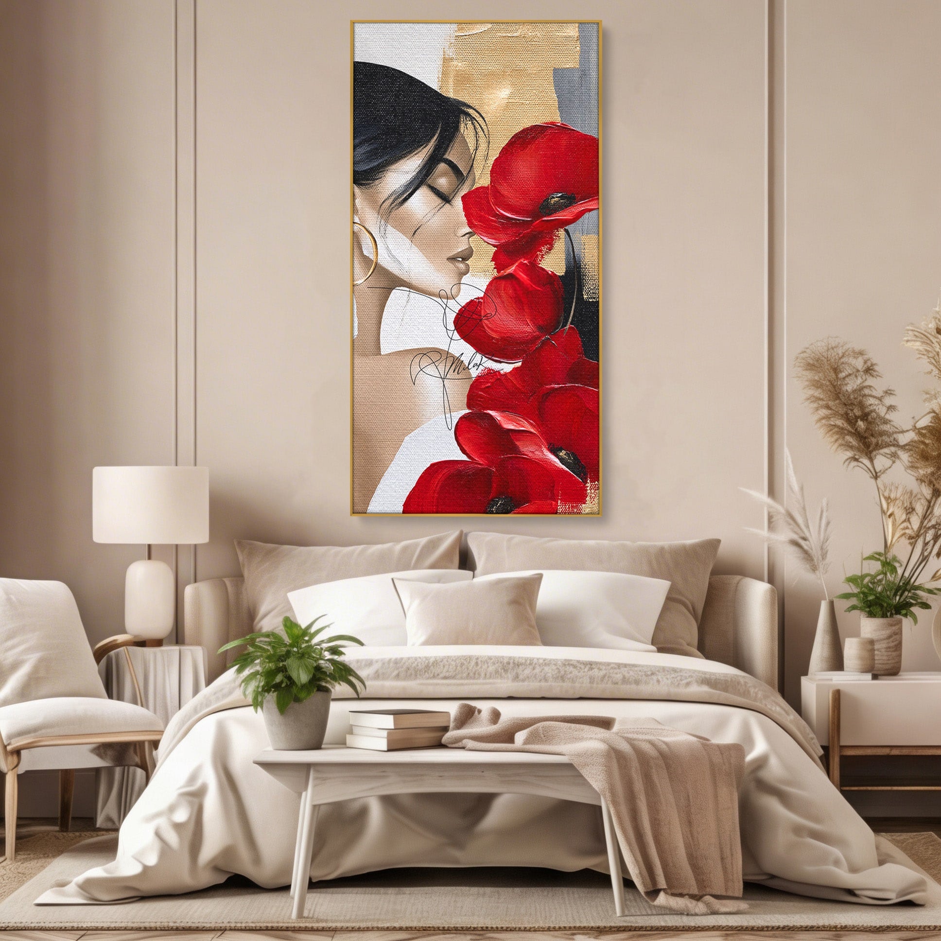 Tablou Canvas Premium LuxCanva® PI1317, Femeie Cu Maci, Podium, Flori, Portret, Eleganta, Culori Vibrante, Living, Dormitor