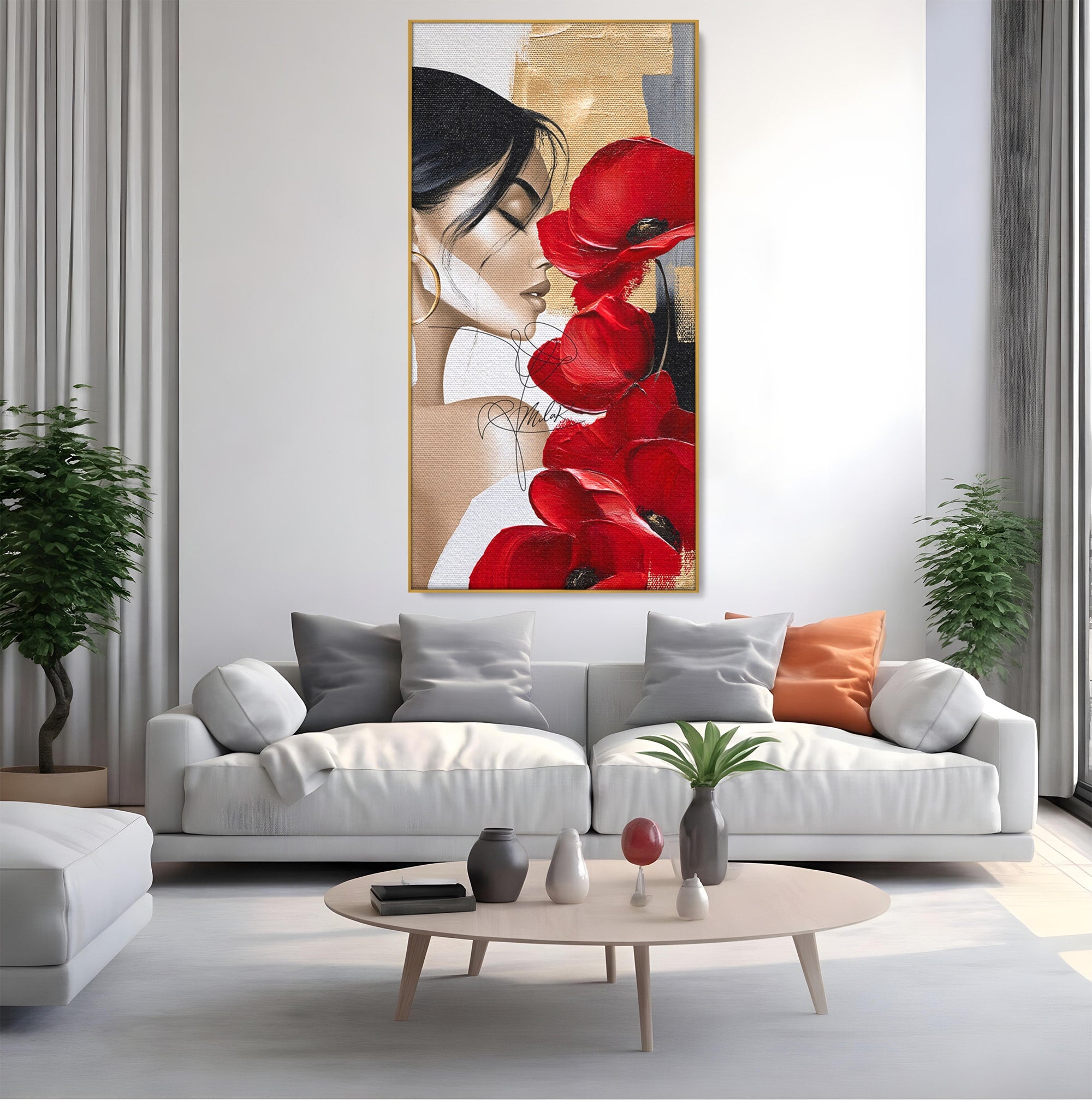 Tablou Canvas Premium LuxCanva® PI1317, Femeie Cu Maci, Podium, Flori, Portret, Eleganta, Culori Vibrante, Living, Dormitor