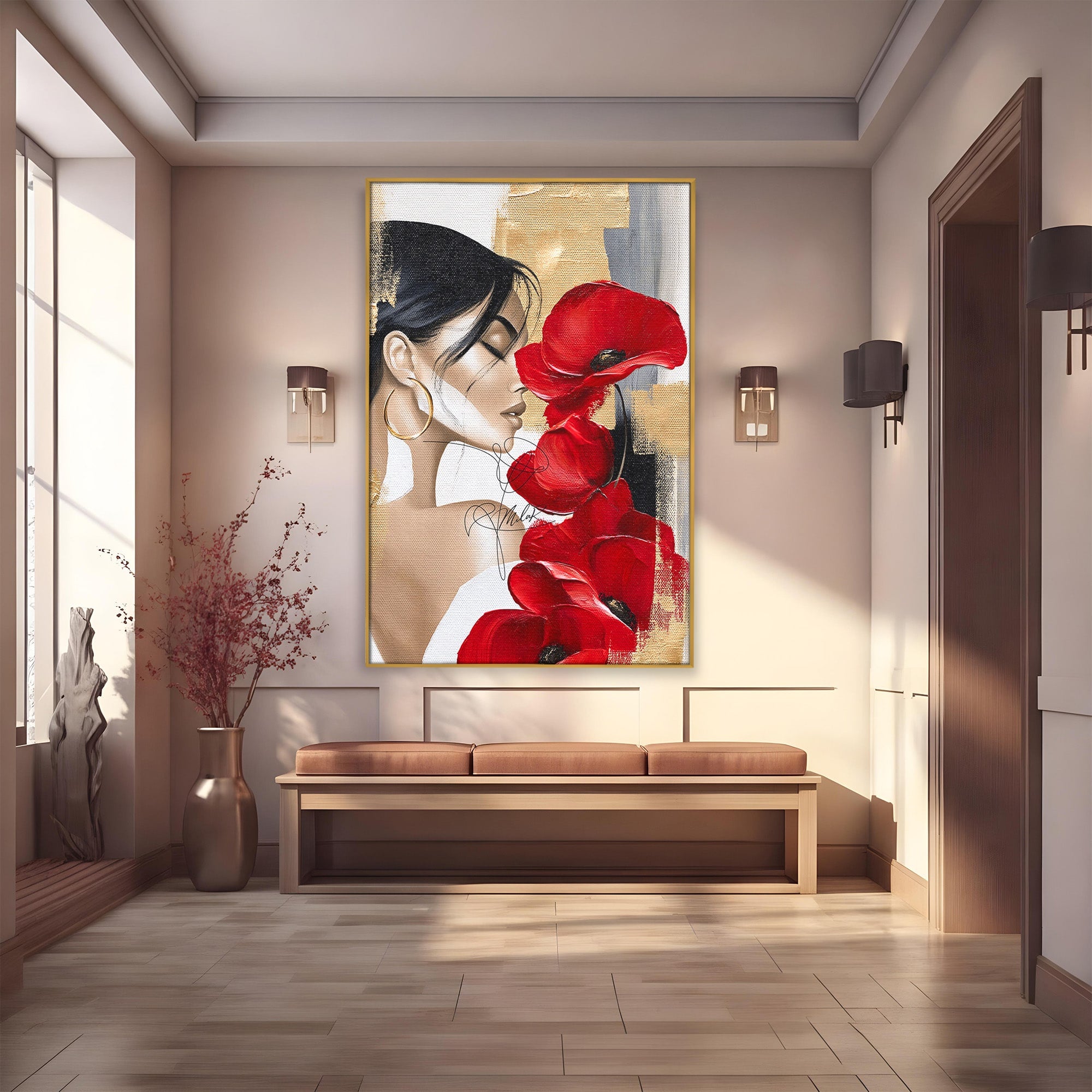 Tablou Canvas Premium LuxCanva® PI1317, Femeie Cu Maci, Podium, Flori, Portret, Eleganta, Culori Vibrante, Living, Dormitor