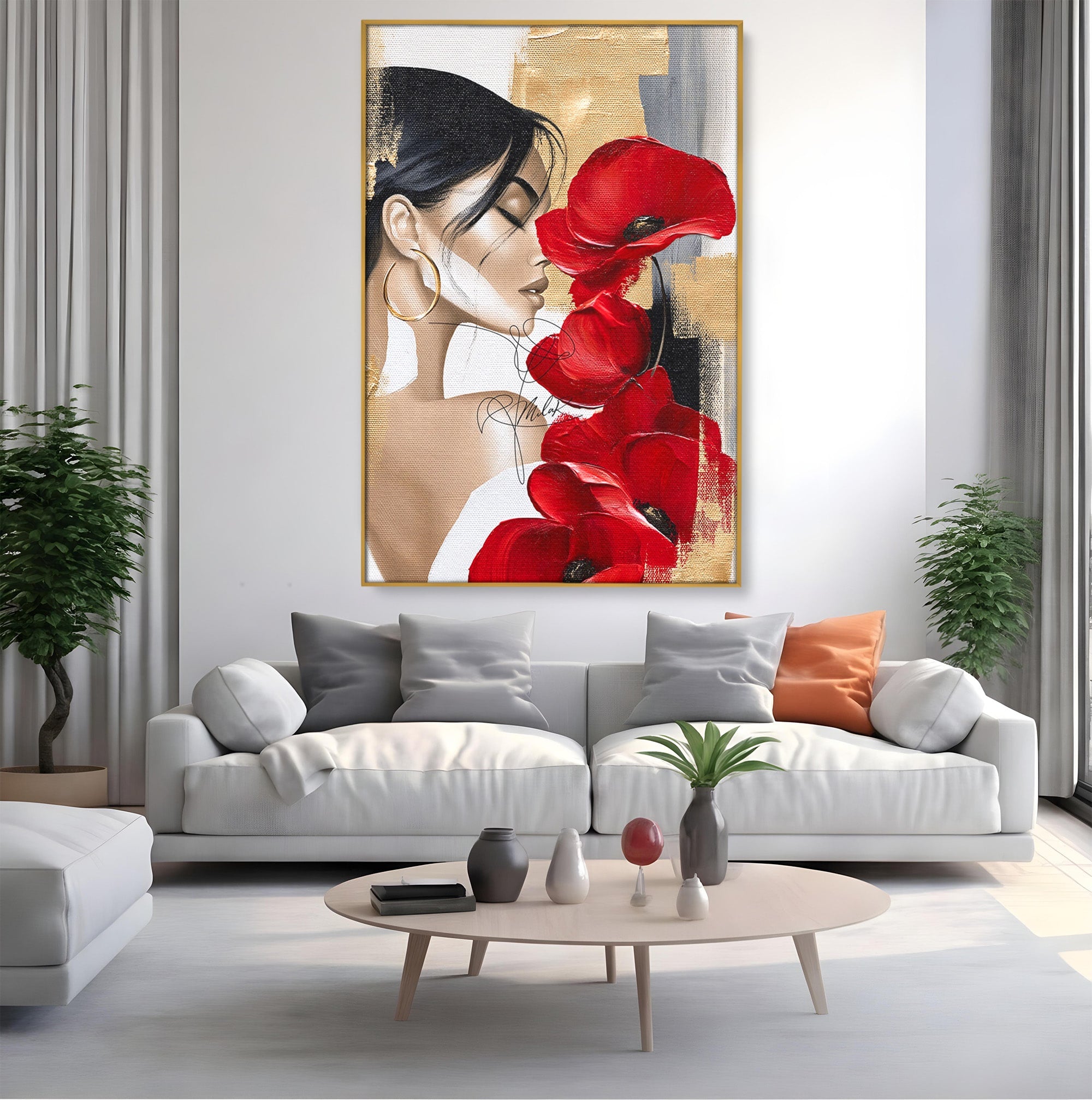 Tablou Canvas Premium LuxCanva® PI1317, Femeie Cu Maci, Podium, Flori, Portret, Eleganta, Culori Vibrante, Living, Dormitor