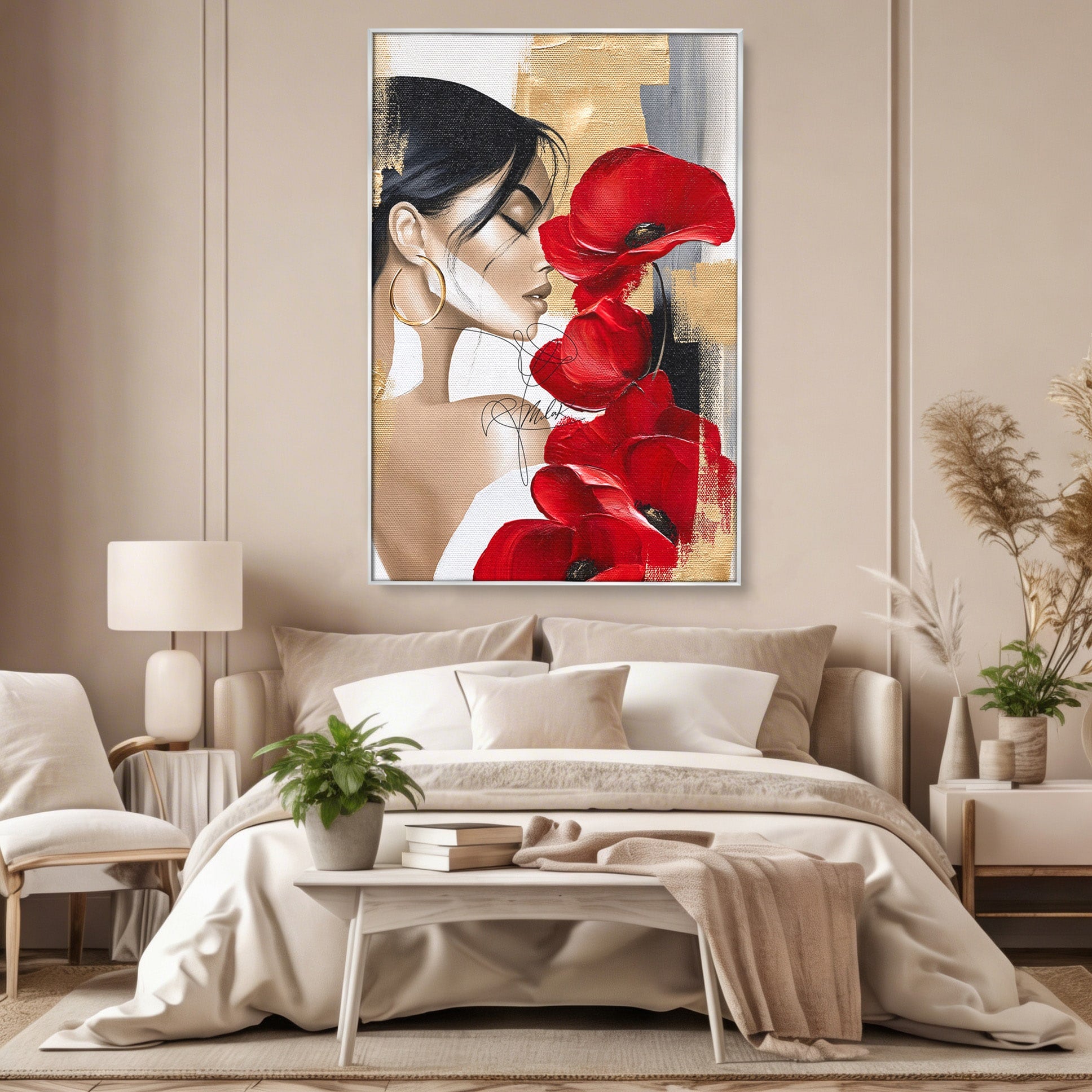 Tablou Canvas Premium LuxCanva® PI1317, Femeie Cu Maci, Podium, Flori, Portret, Eleganta, Culori Vibrante, Living, Dormitor