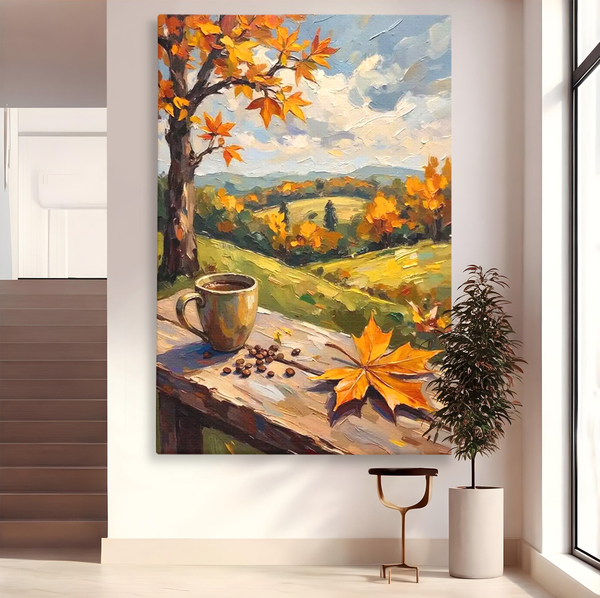 Tablou Canvas Premium LuxCanva® PI1318, Cafea De Toamna, Toamna, Peisaj, Cafea, Relaxare, Culori Vibrante, Living, Bucatarie
