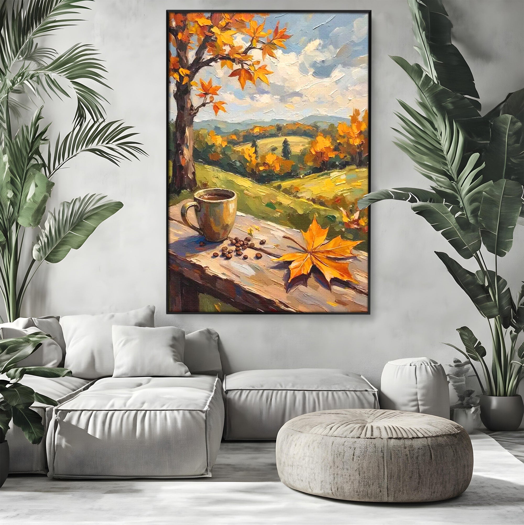 Tablou Canvas Premium LuxCanva® PI1318, Cafea De Toamna, Toamna, Peisaj, Cafea, Relaxare, Culori Vibrante, Living, Bucatarie