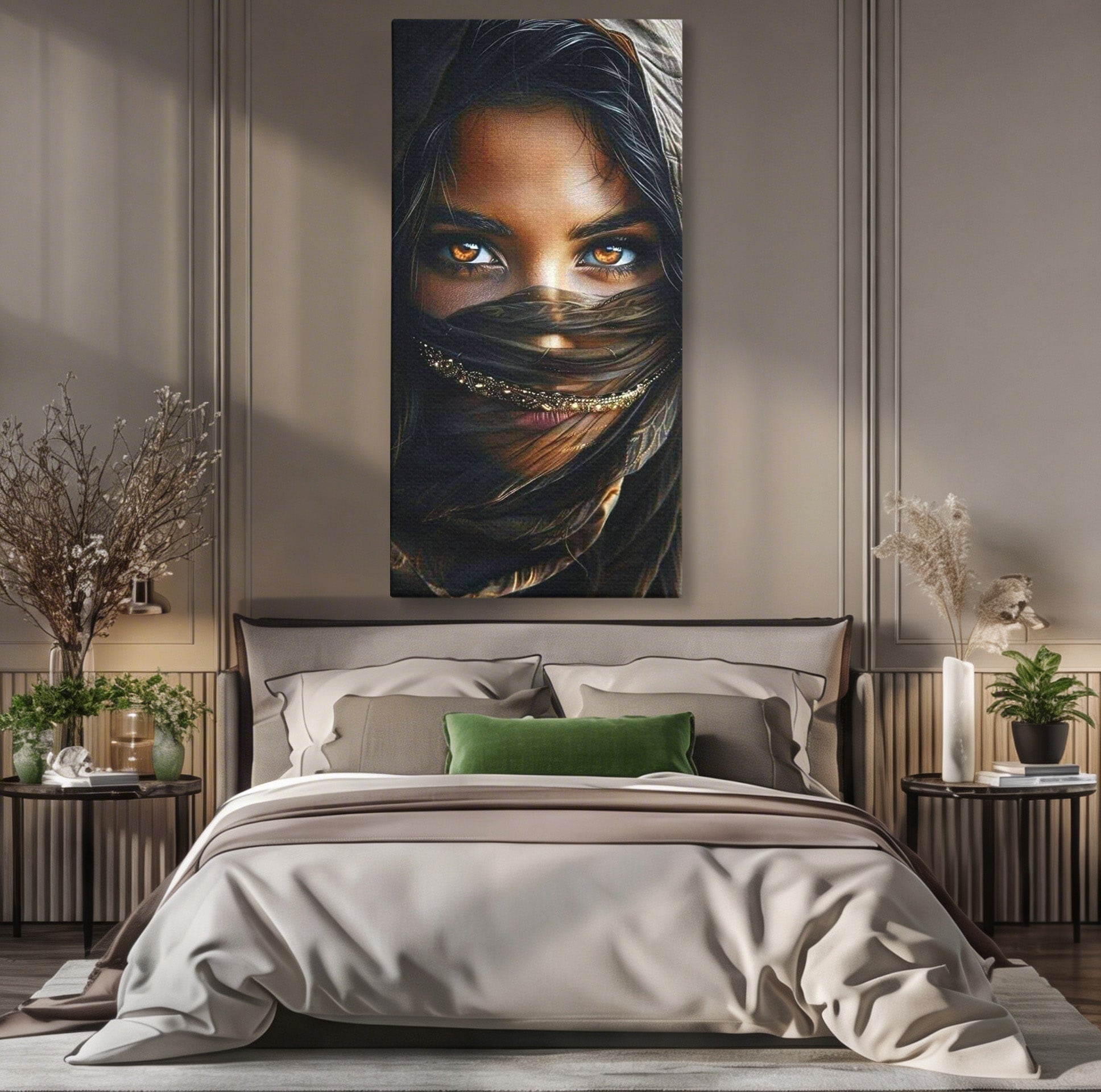 Tablou Canvas Premium LuxCanva® PI1319, Ochii Care Povestesc, Portret, Femeie, Mister, Privire, Culori Vibrante, Living, Dormitor