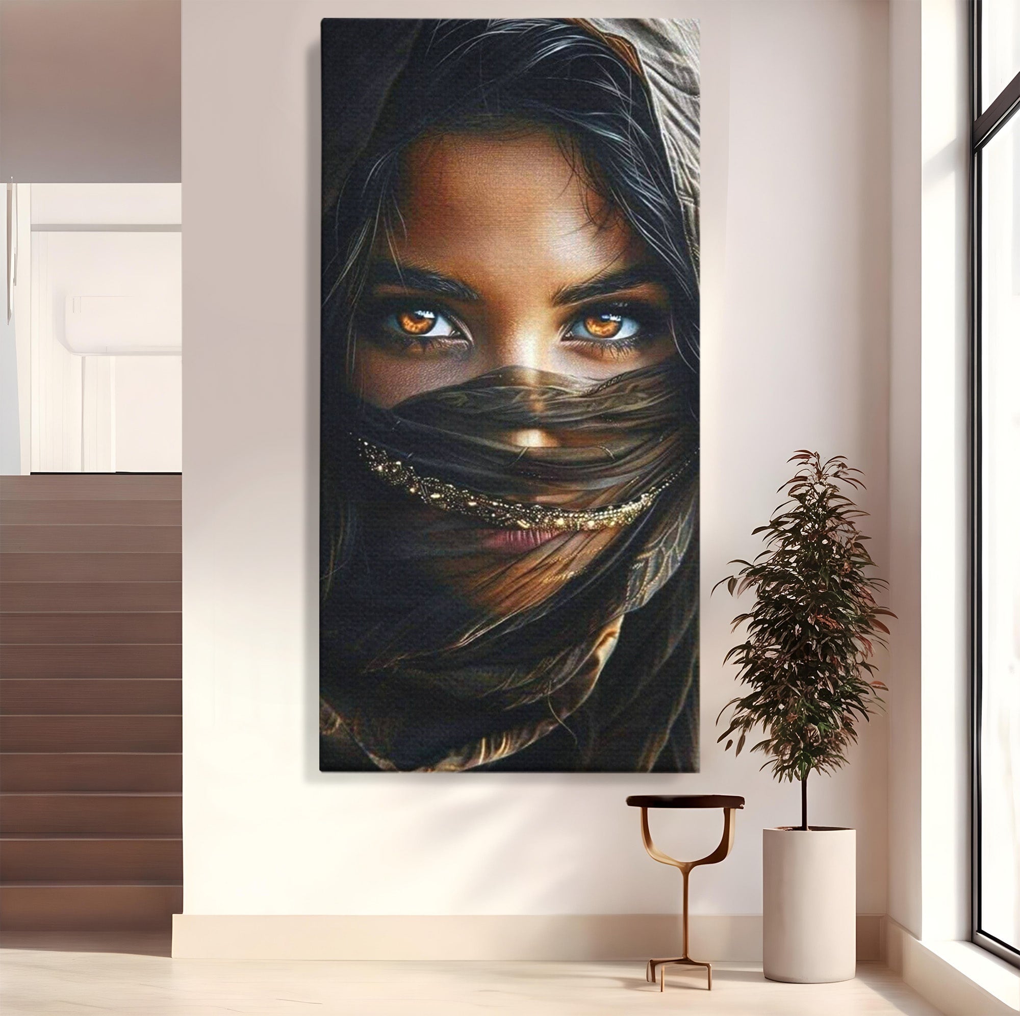 Tablou Canvas Premium LuxCanva® PI1319, Ochii Care Povestesc, Portret, Femeie, Mister, Privire, Culori Vibrante, Living, Dormitor