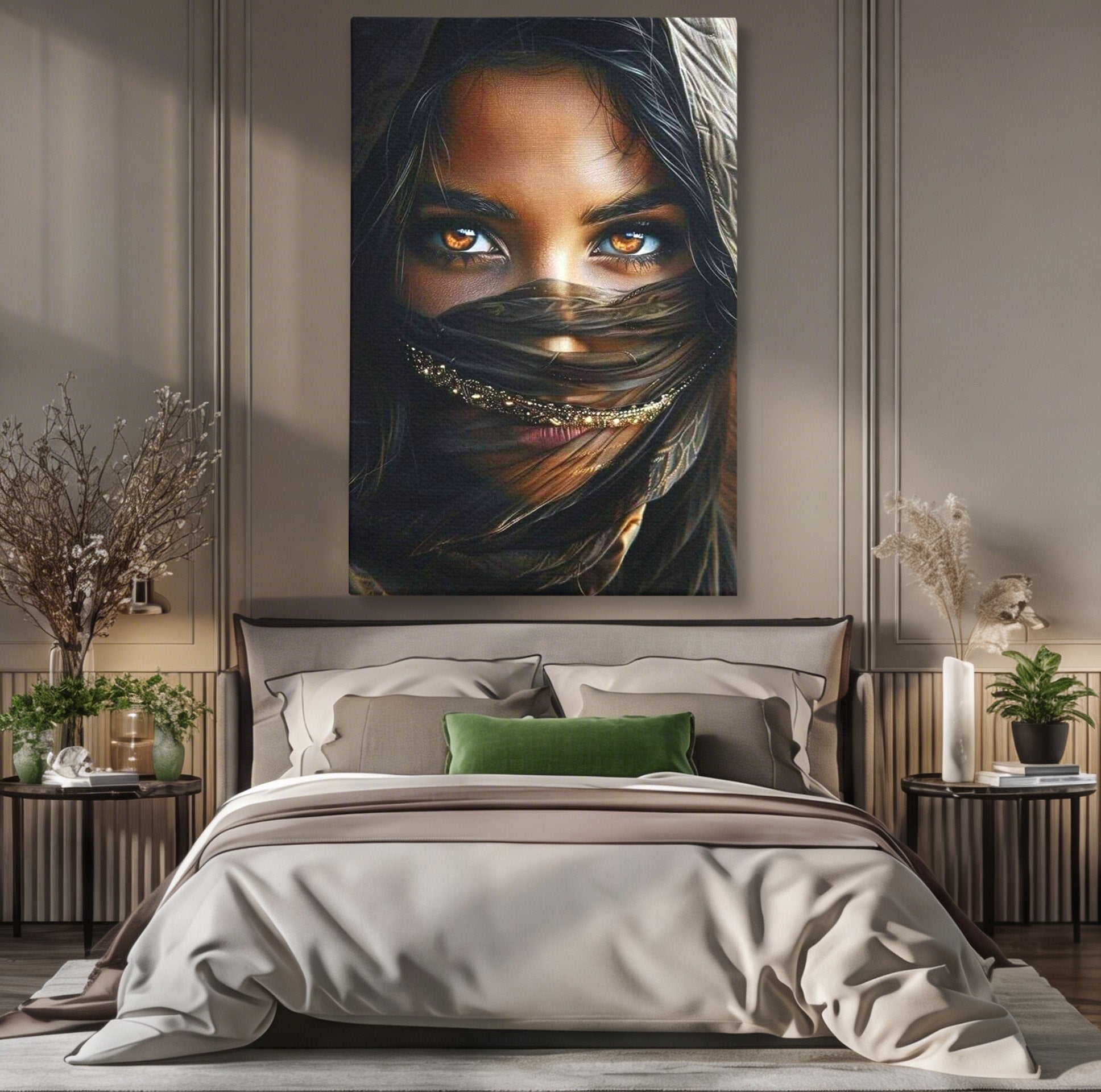 Tablou Canvas Premium LuxCanva® PI1319, Ochii Care Povestesc, Portret, Femeie, Mister, Privire, Culori Vibrante, Living, Dormitor