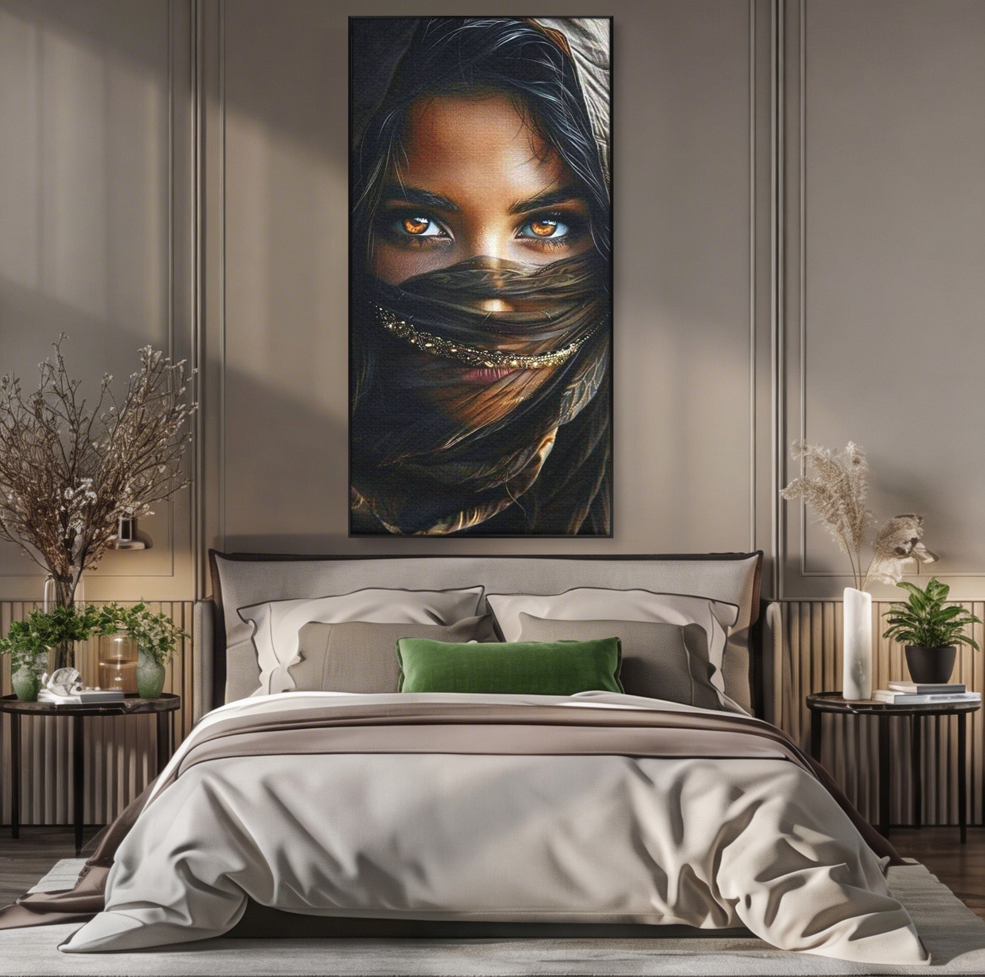 Tablou Canvas Premium LuxCanva® PI1319, Ochii Care Povestesc, Portret, Femeie, Mister, Privire, Culori Vibrante, Living, Dormitor