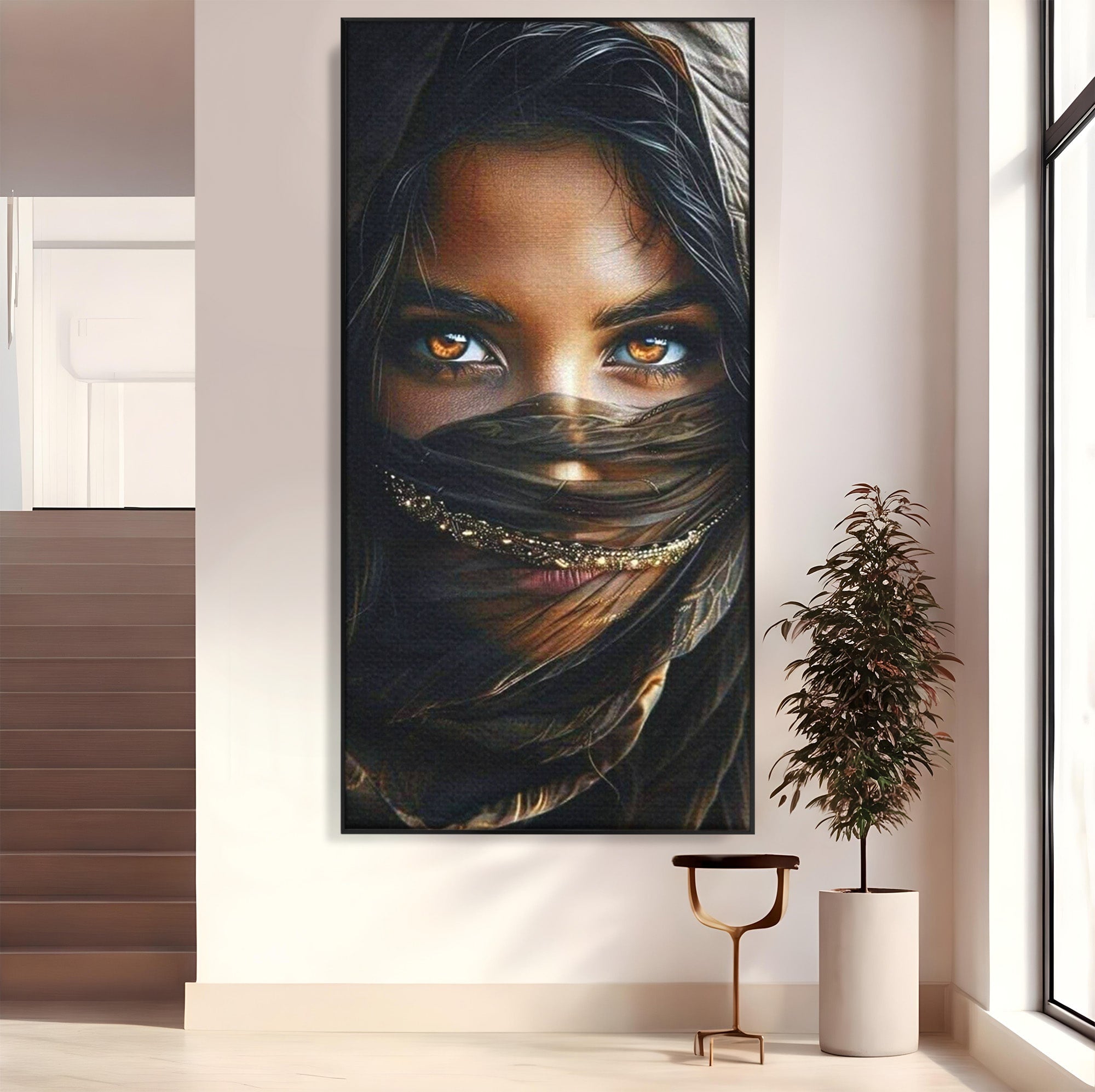Tablou Canvas Premium LuxCanva® PI1319, Ochii Care Povestesc, Portret, Femeie, Mister, Privire, Culori Vibrante, Living, Dormitor