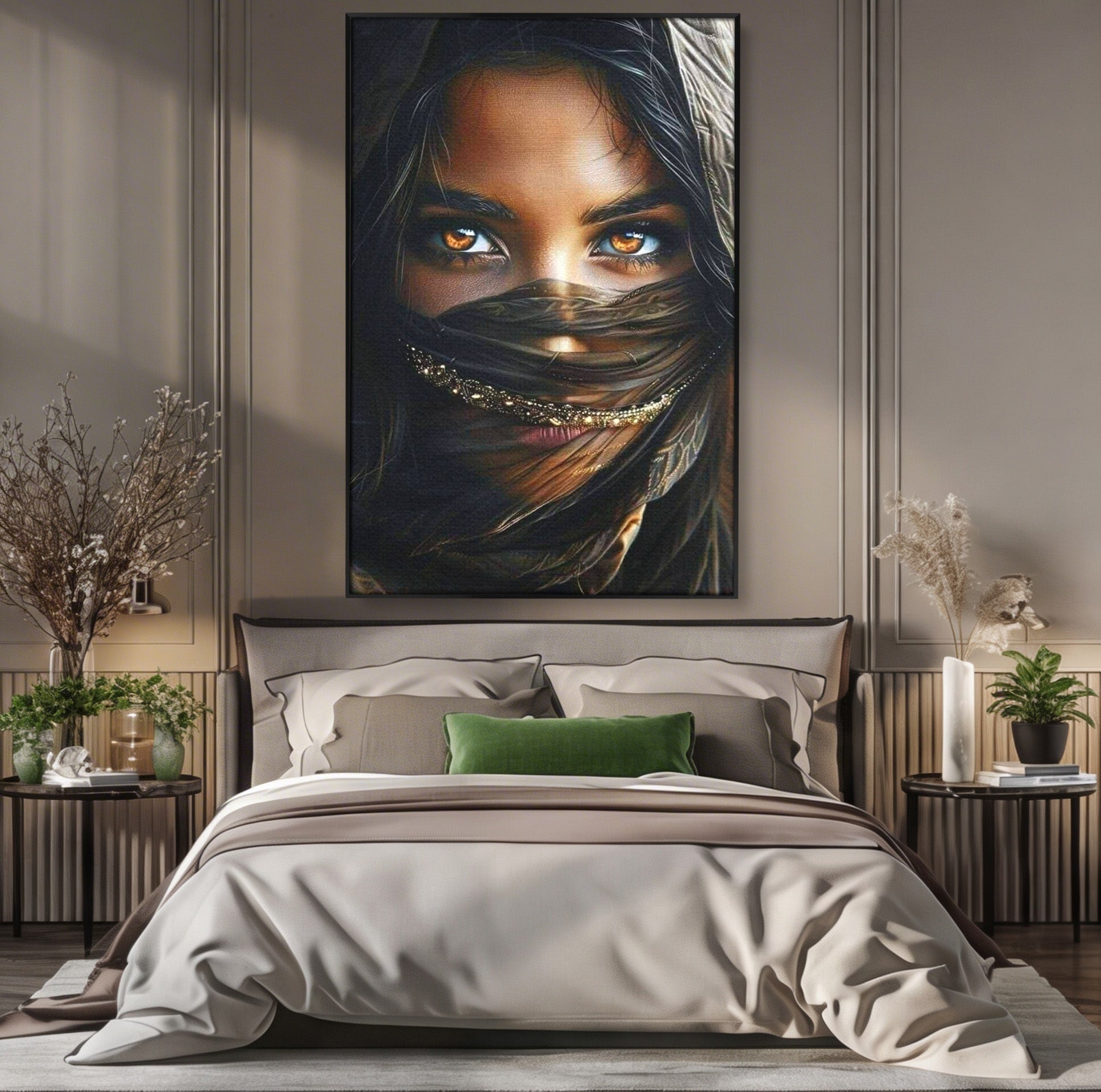 Tablou Canvas Premium LuxCanva® PI1319, Ochii Care Povestesc, Portret, Femeie, Mister, Privire, Culori Vibrante, Living, Dormitor