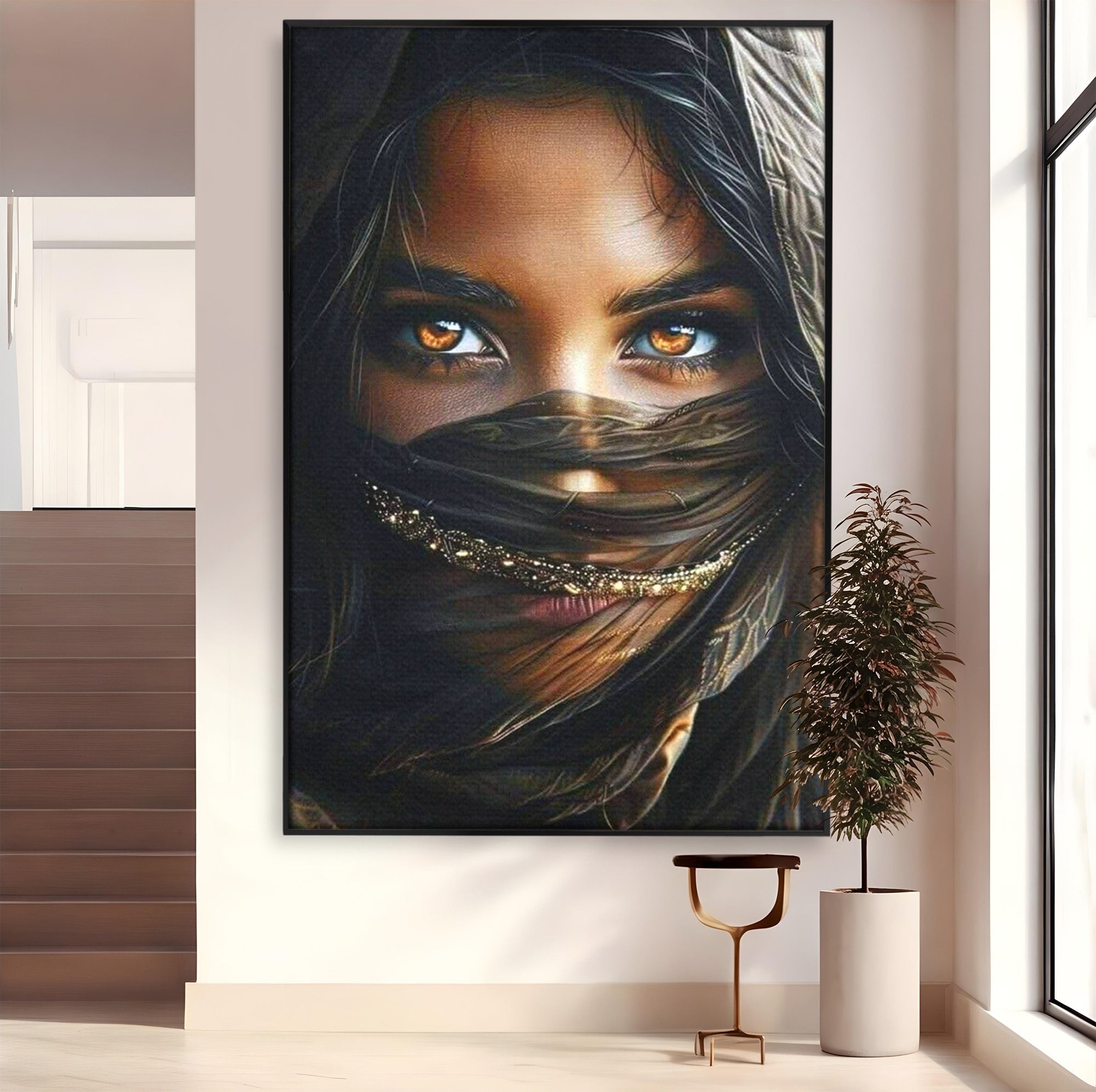 Tablou Canvas Premium LuxCanva® PI1319, Ochii Care Povestesc, Portret, Femeie, Mister, Privire, Culori Vibrante, Living, Dormitor